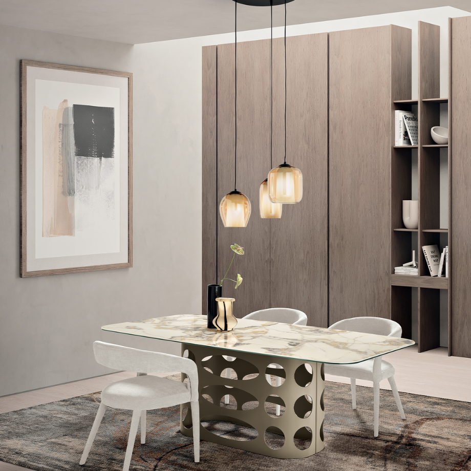 "Core" fixed dining table with glossy marble-effect ceramic top and perforated painted metal base, 210x110 cm, 75 cm high