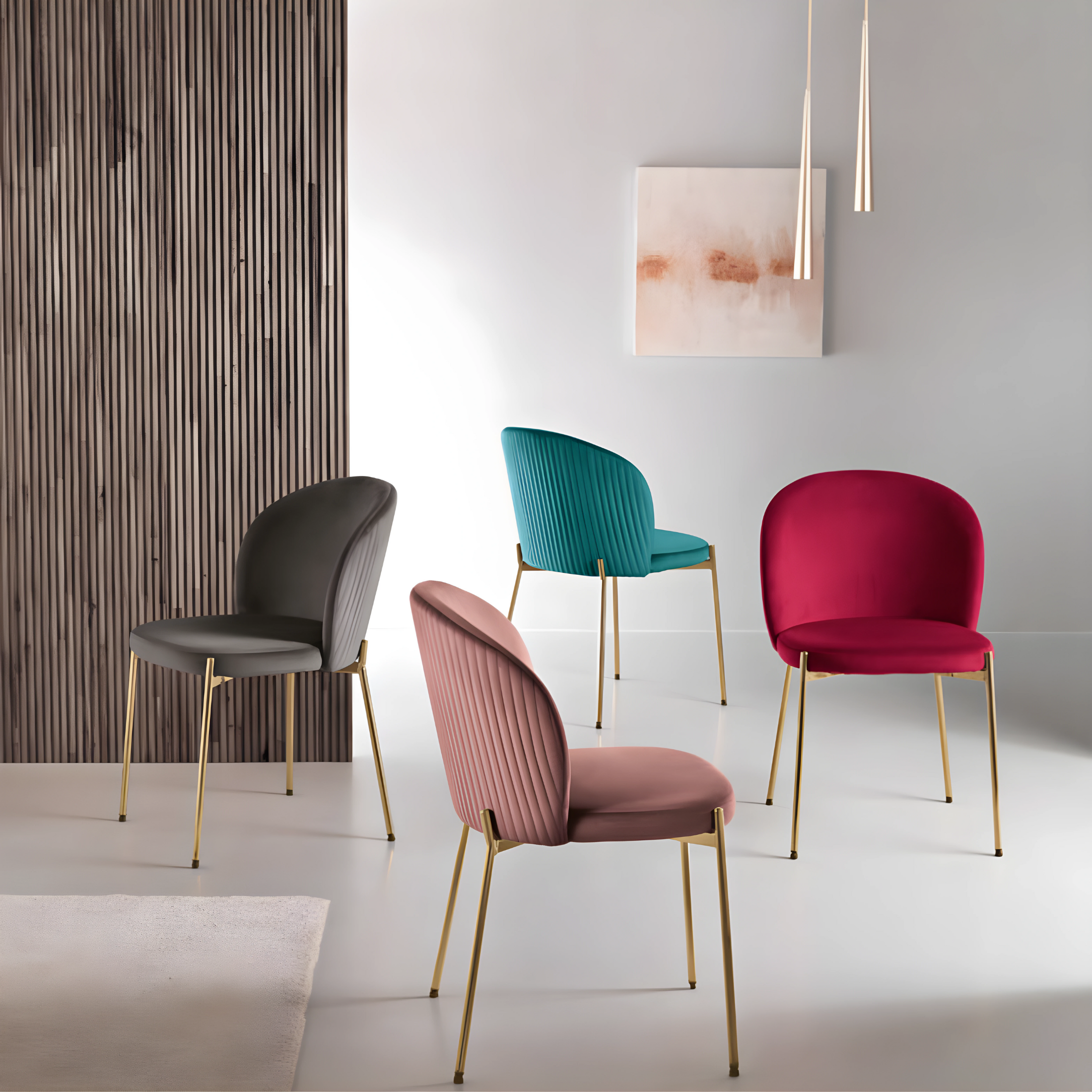Set of modern "Jenny" velvet chairs with gold metal frame, 55x45 cm, 80 cm high