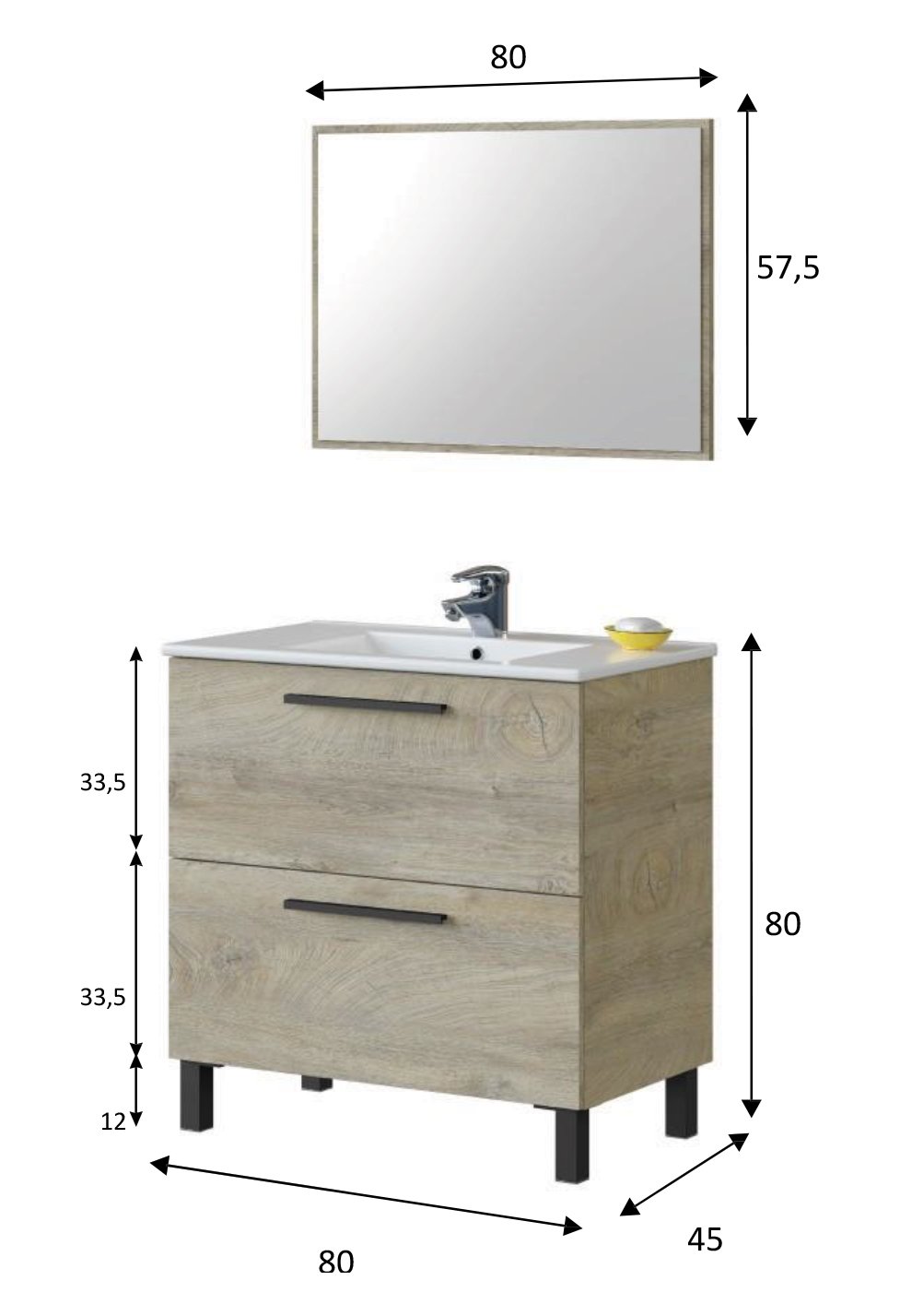 "Athena" 3-drawer wooden bathroom cabinet under the sink with mirror and raised feet