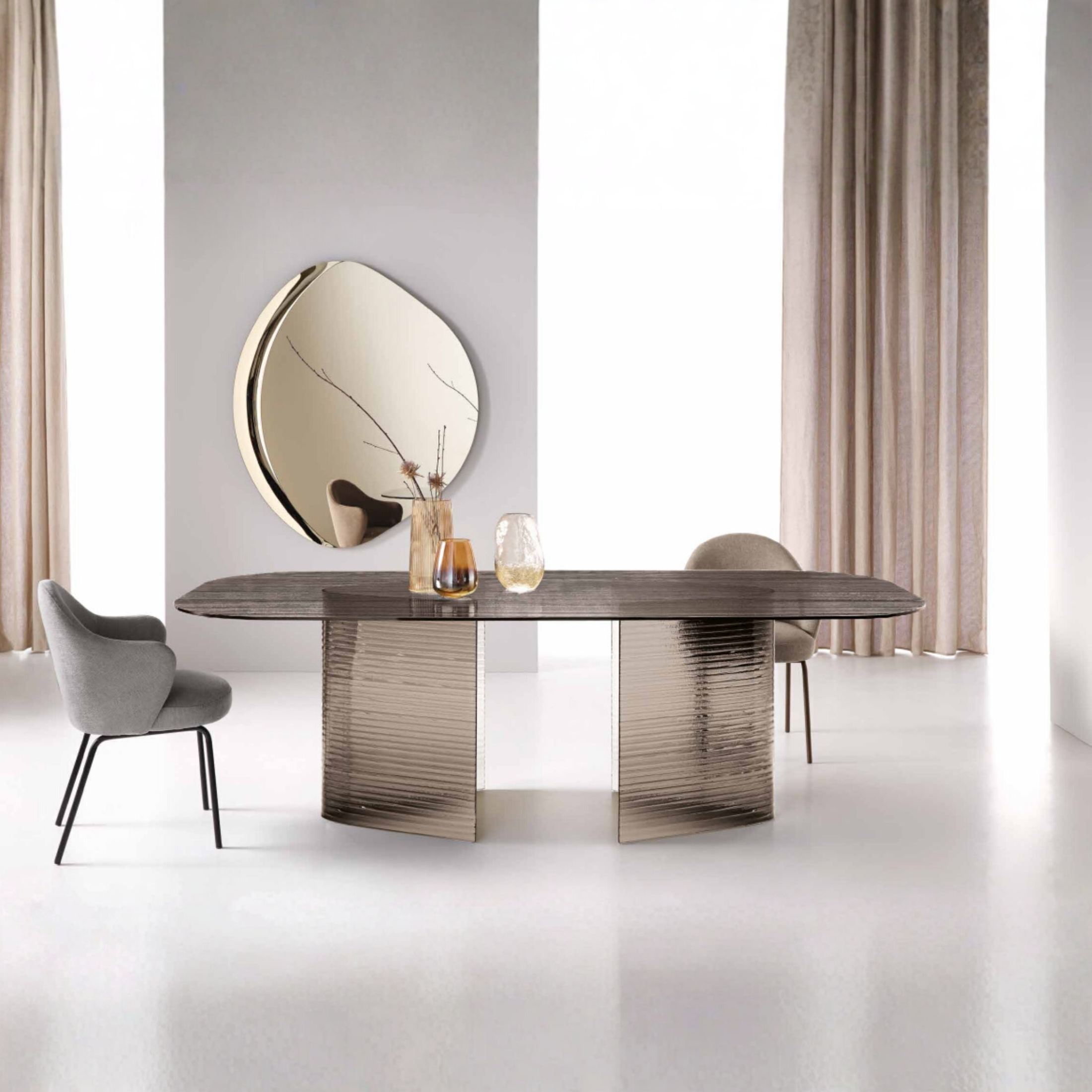 "Lovely" fixed rectangular table, transparent striped with glass legs, 240x120 cm, 77h