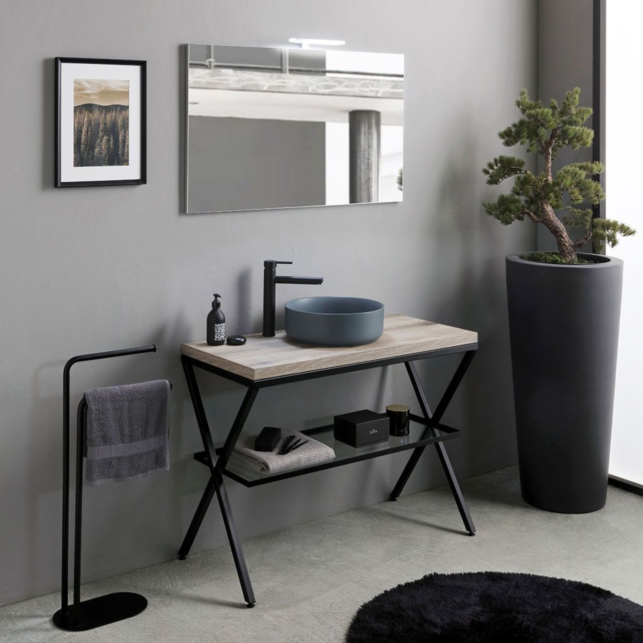 "Medellín" 100cm floor-standing bathroom cabinet in fossil oak with round grey ceramic sink and rectangular mirror
