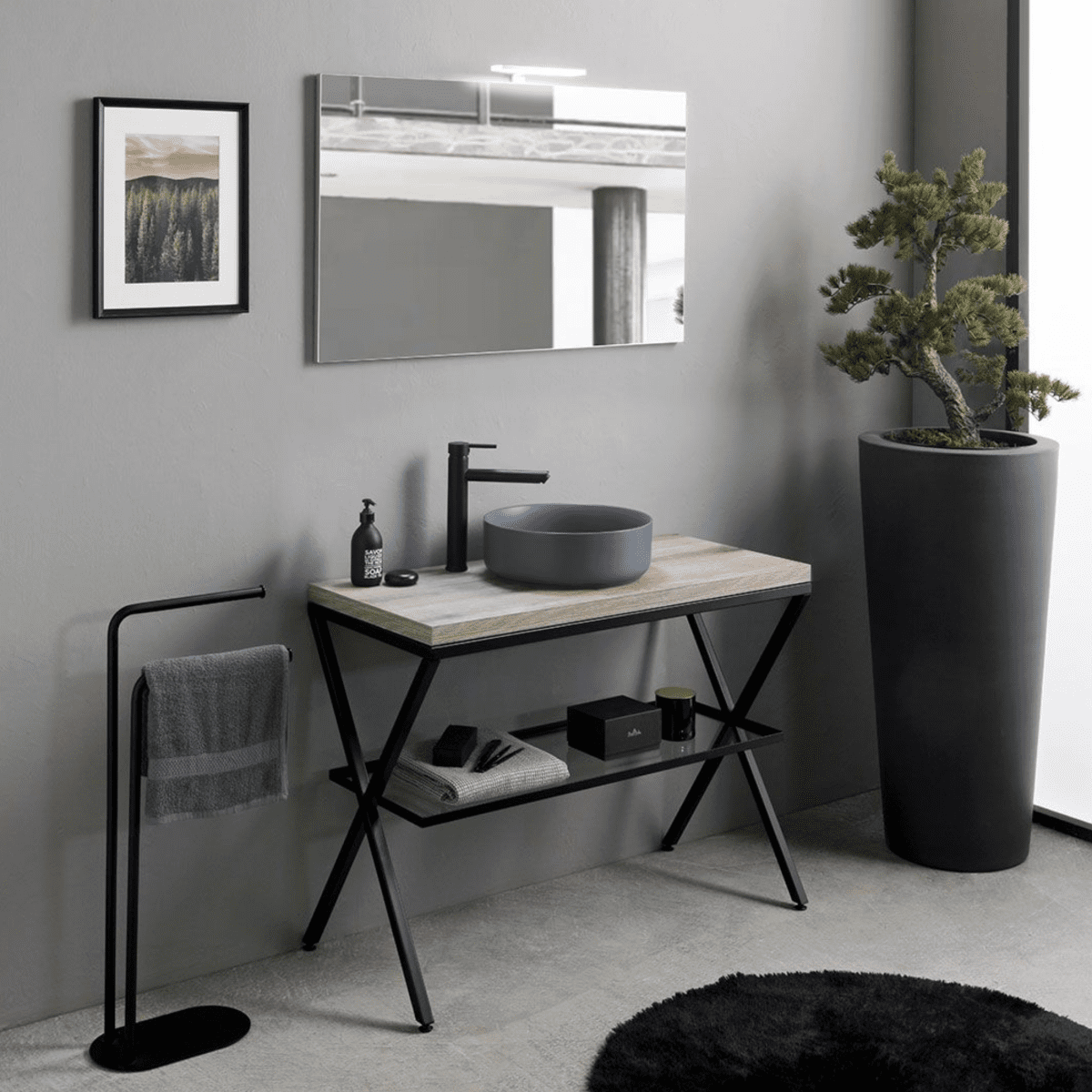 Mobile bagno a terra rovere fossile "Medellín" 100 cm con lavabo grigio rotondo in ceramica e specchio rettangolare - MondoViro