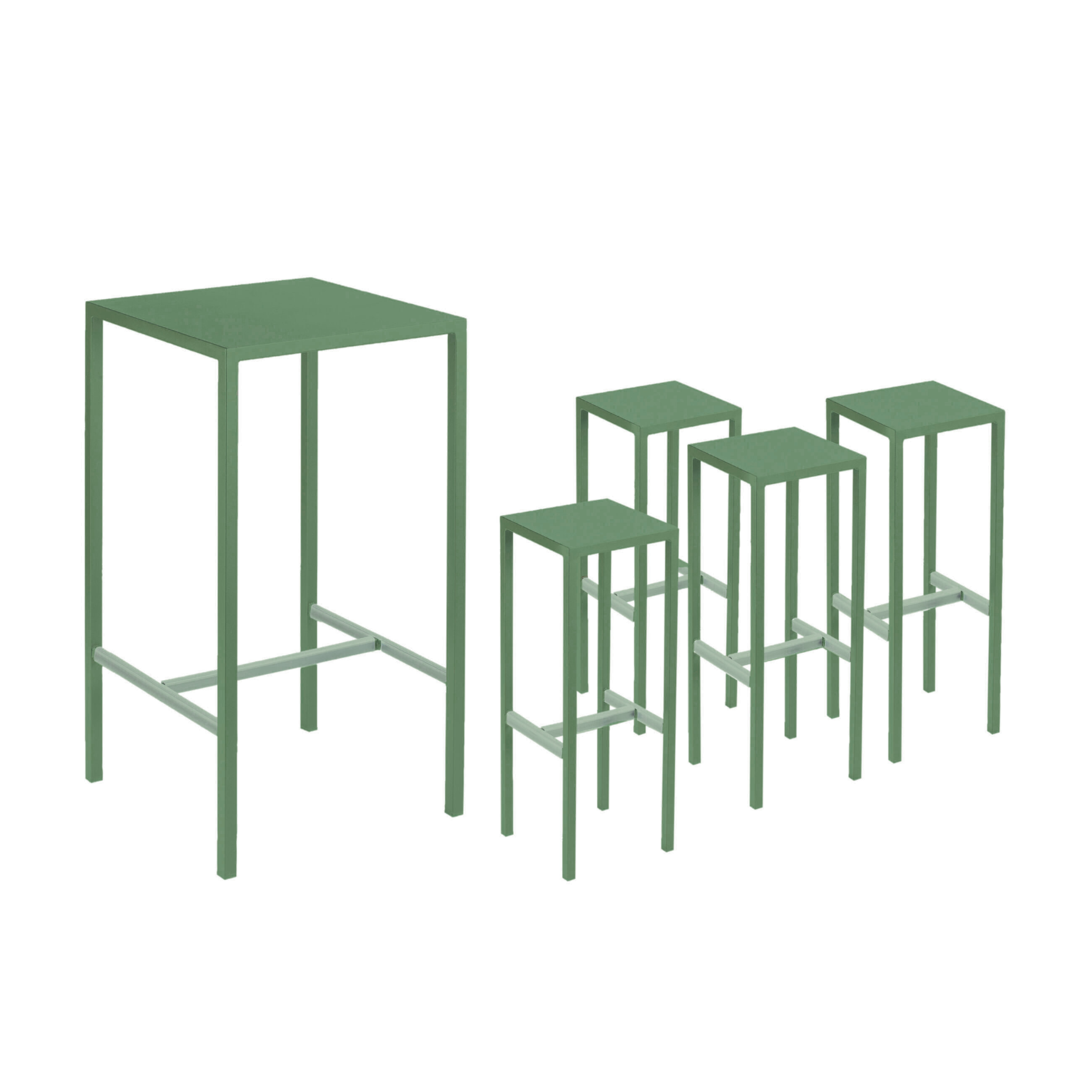 Modern garden high table set + 2 "Seaside" metal stools, 60x60 cm, 110 cm high.