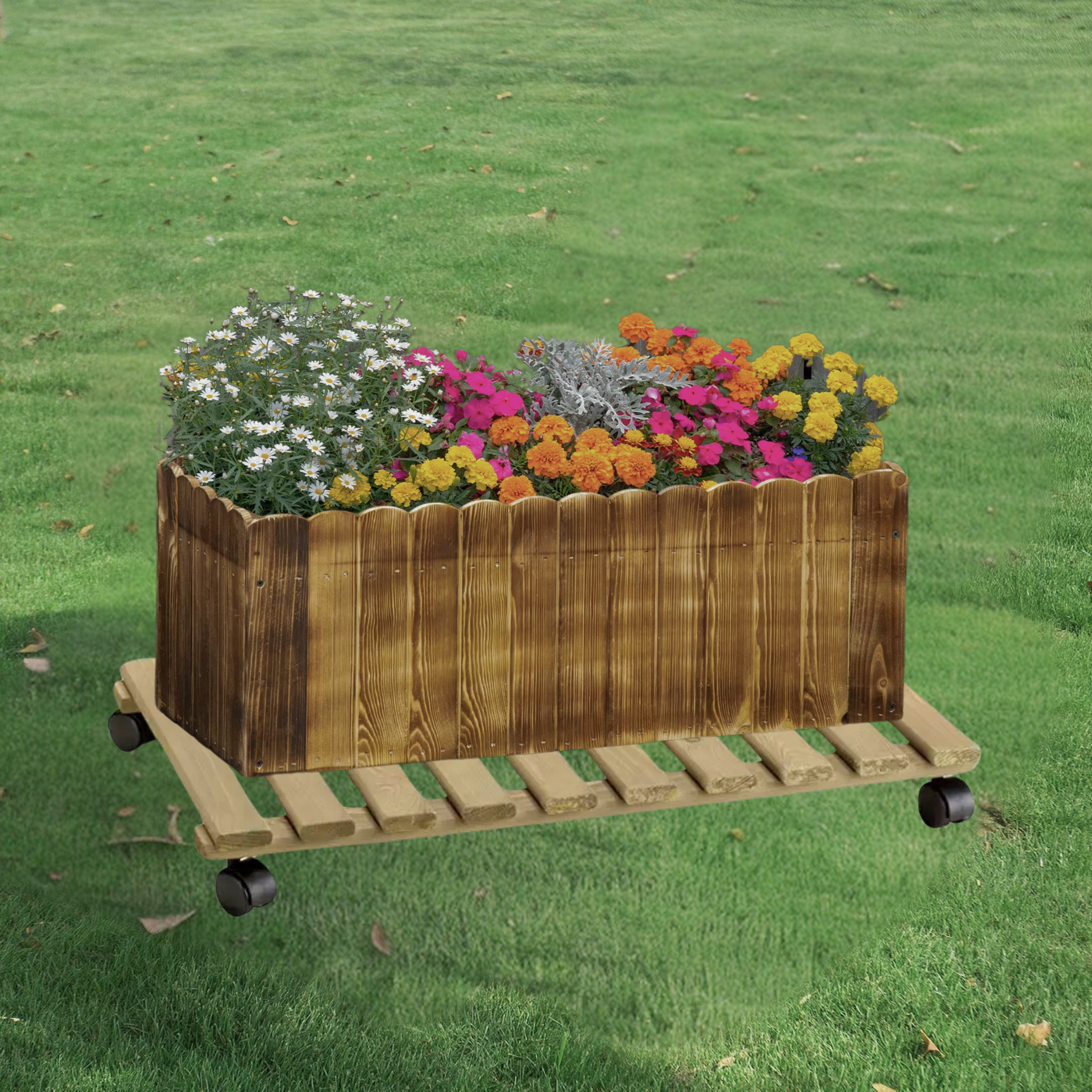 Rectangular wooden planter trolley "Mizzi" with wheels, 70x40 cm