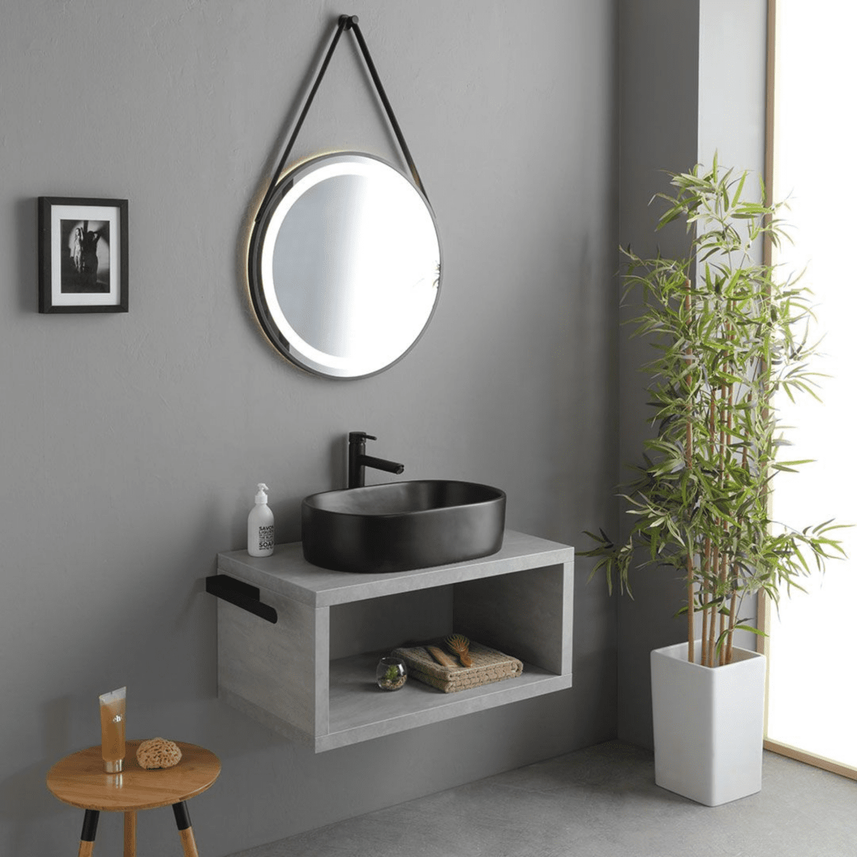 Mobile bagno sospeso grigio "Monaco" 80 cm con lavabo da appoggio nero opaco ovale e specchio tondo a led - MondoViro
