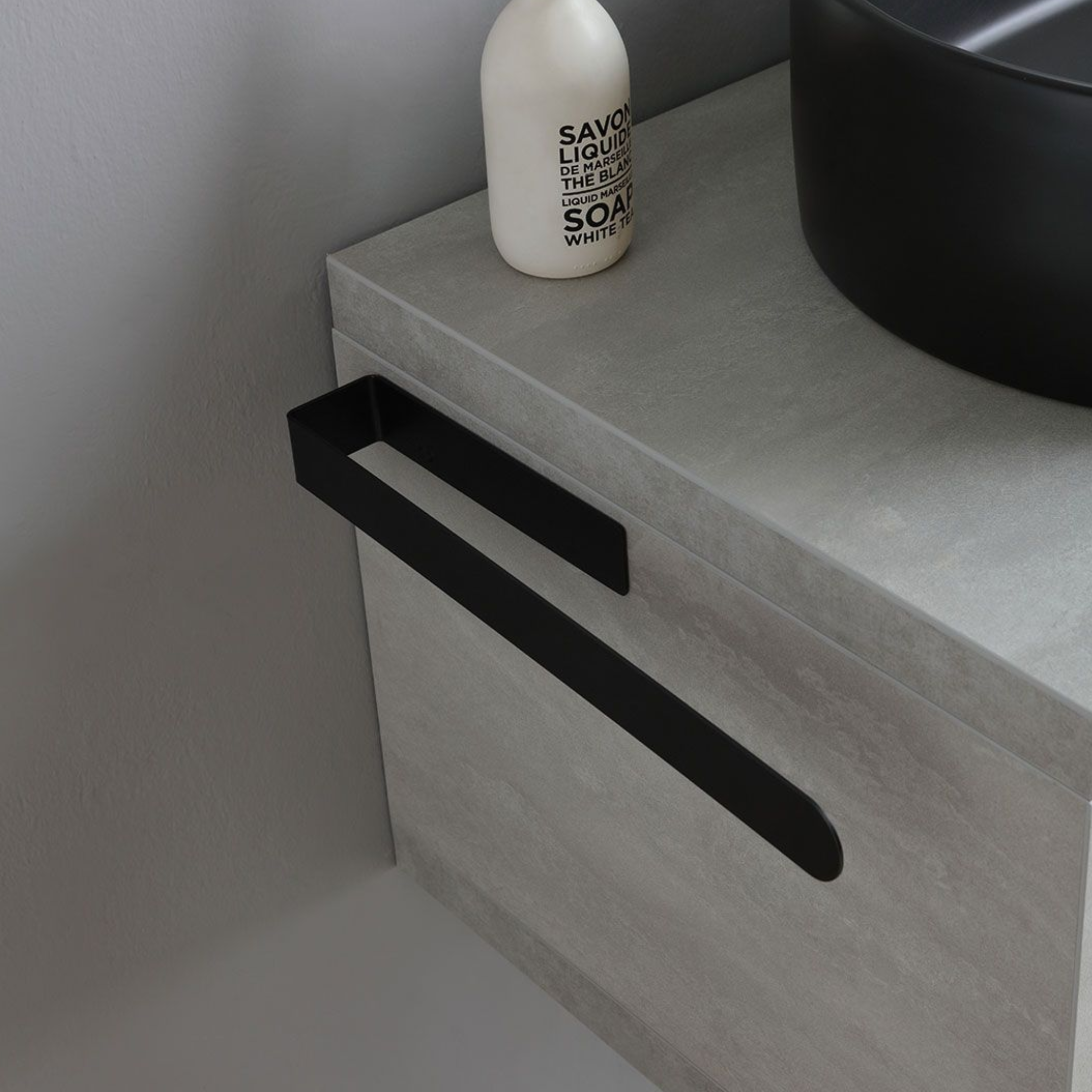 "Monaco" 80cm grey wall-hung bathroom cabinet with oval matt black countertop washbasin and round LED mirror