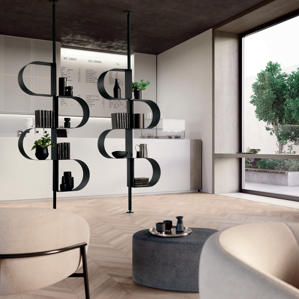 "Trama" vertical bookcase in painted metal with adjustable foot for ceiling mounting