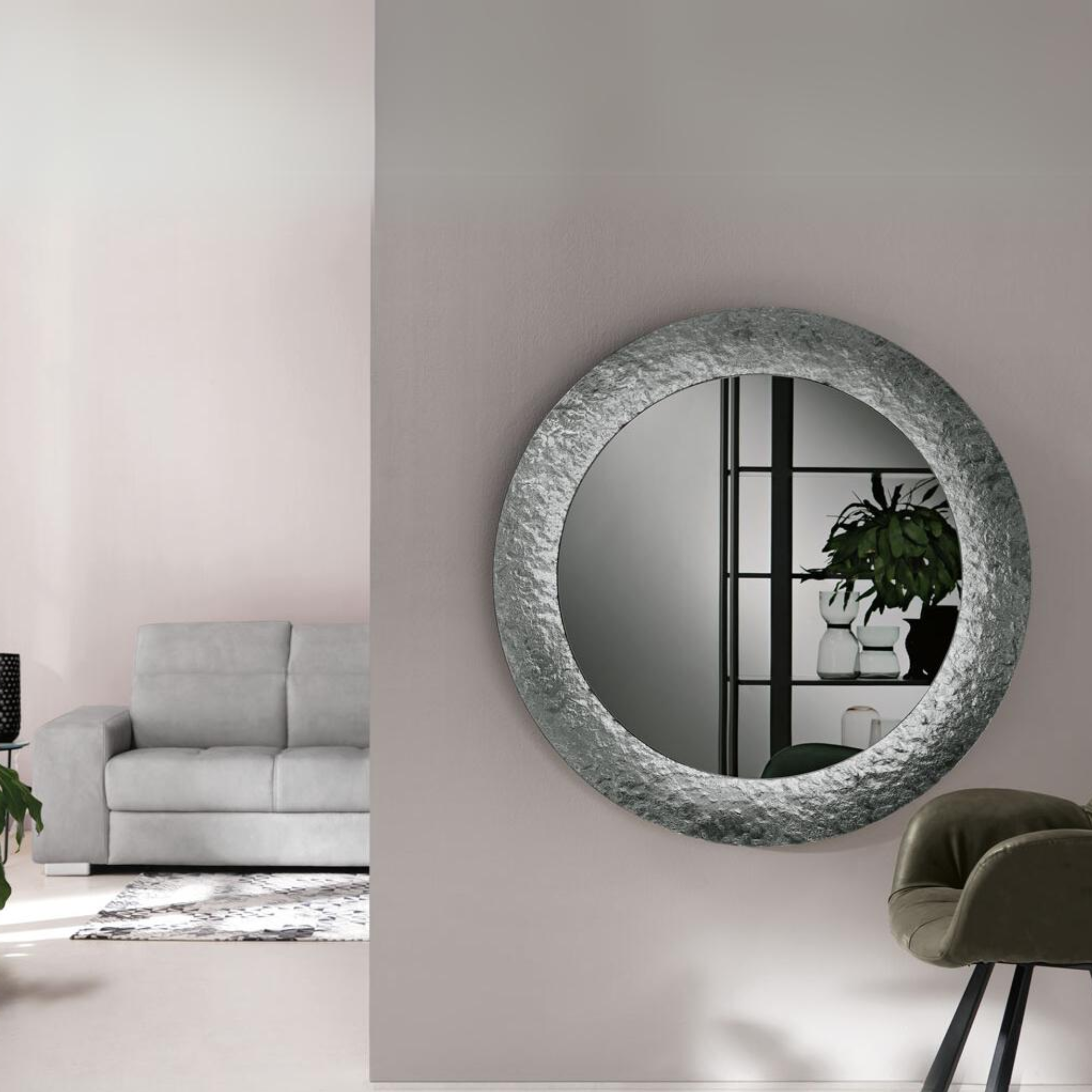 "Blake" modern round wall mirror with hammered glass frame