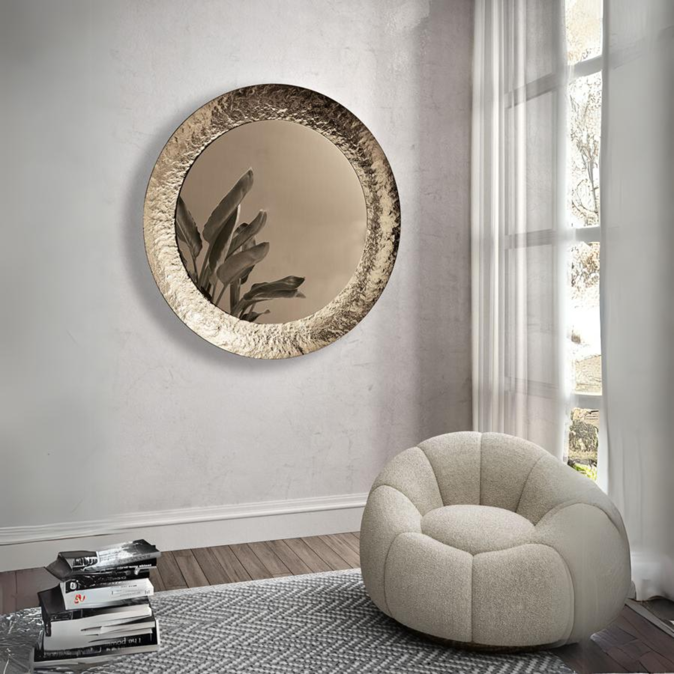 Specchio moderno da parete "Blake" tondo con cornice in vetro effetto martellato