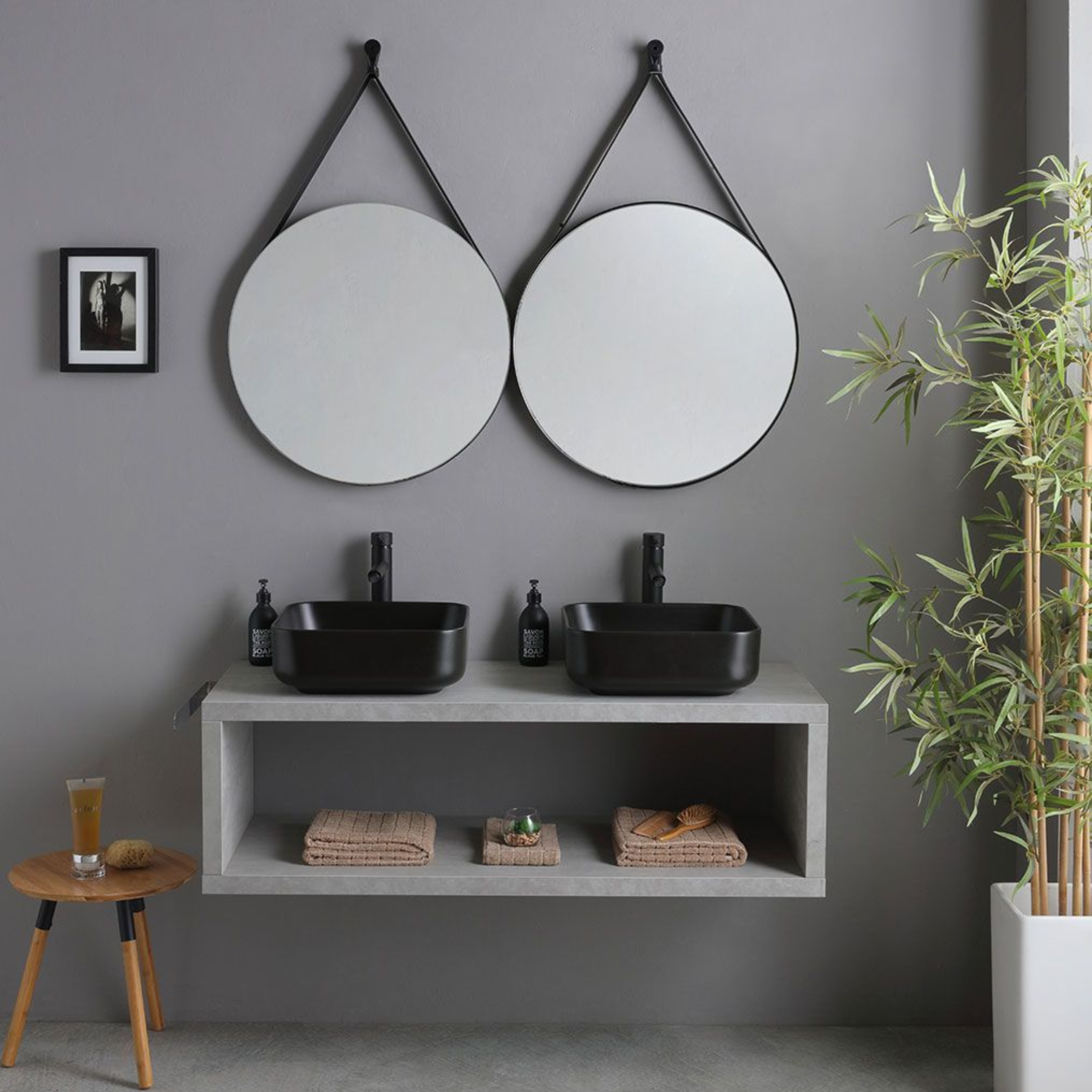 "Naxos" 120cm grey wall-hung bathroom cabinet with double matt black square sink and round mirrors