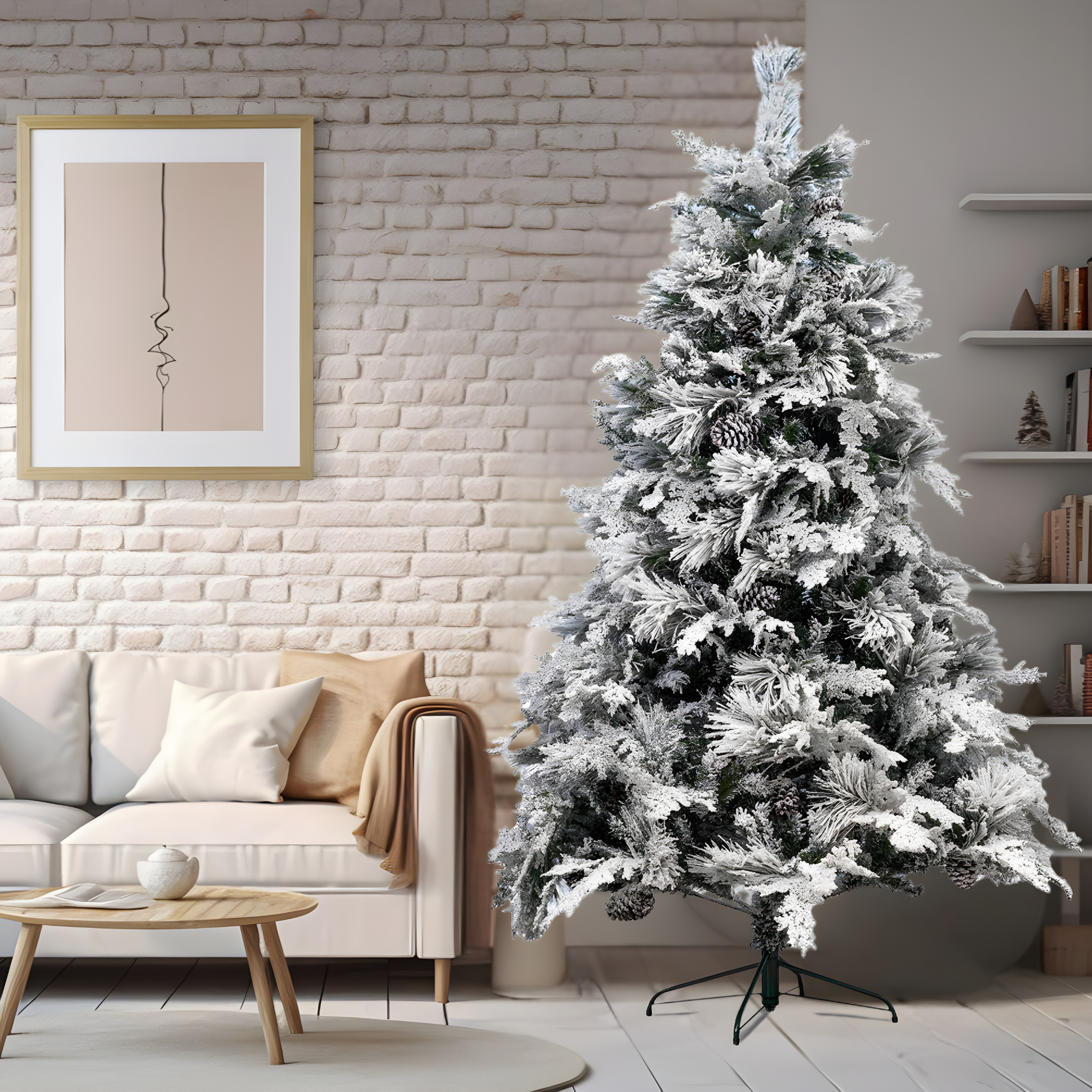 Snowy Christmas tree with pine cones "Sleet" in PE Real Touch effect + PP 240cm high