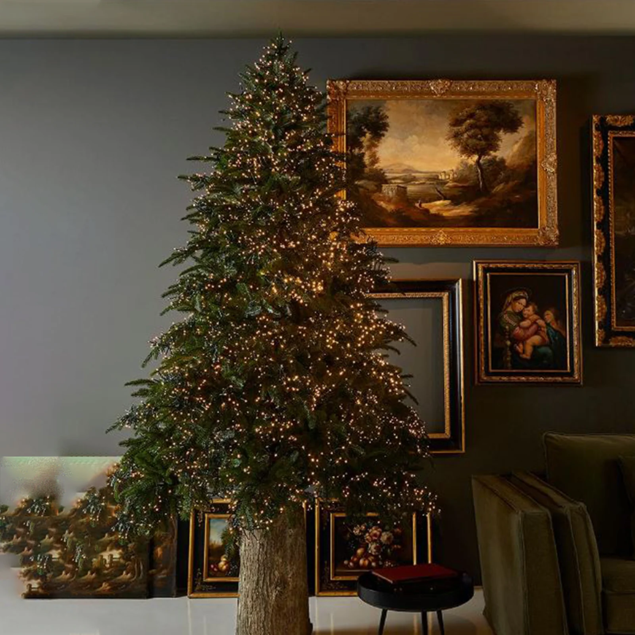 Frosty Christmas tree trunk base with metal stand