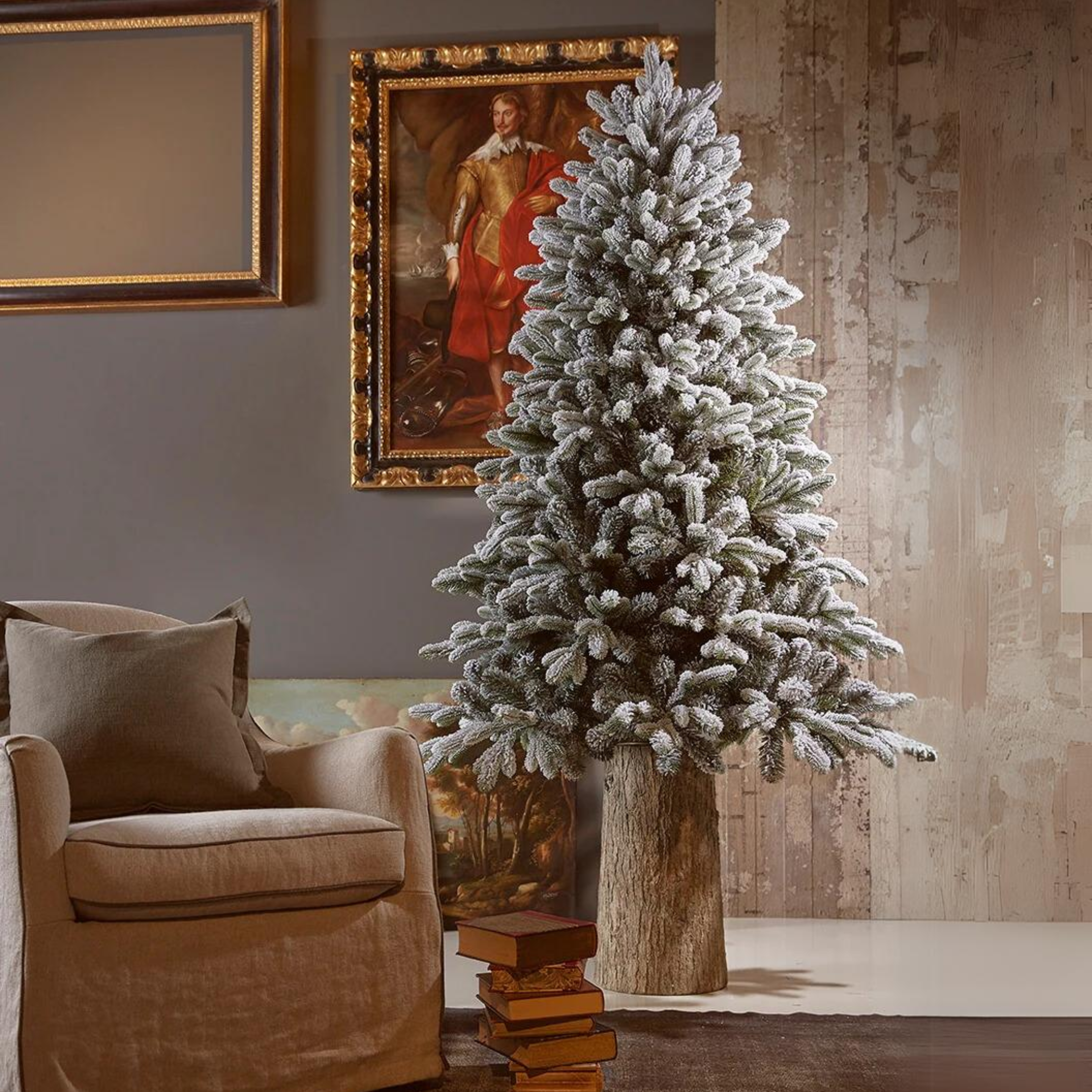 Frosty Christmas tree trunk base with metal stand