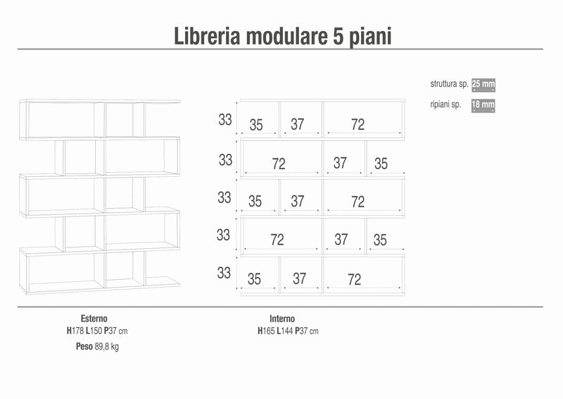 "Talento" 5-tier modular modern dividing bookcase, 150x37 cm, 178 cm high