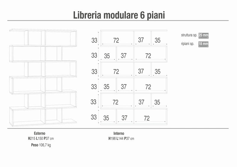 "Freud" modern modular 6-tier dividing bookcase, 150x37 cm, 215 cm high