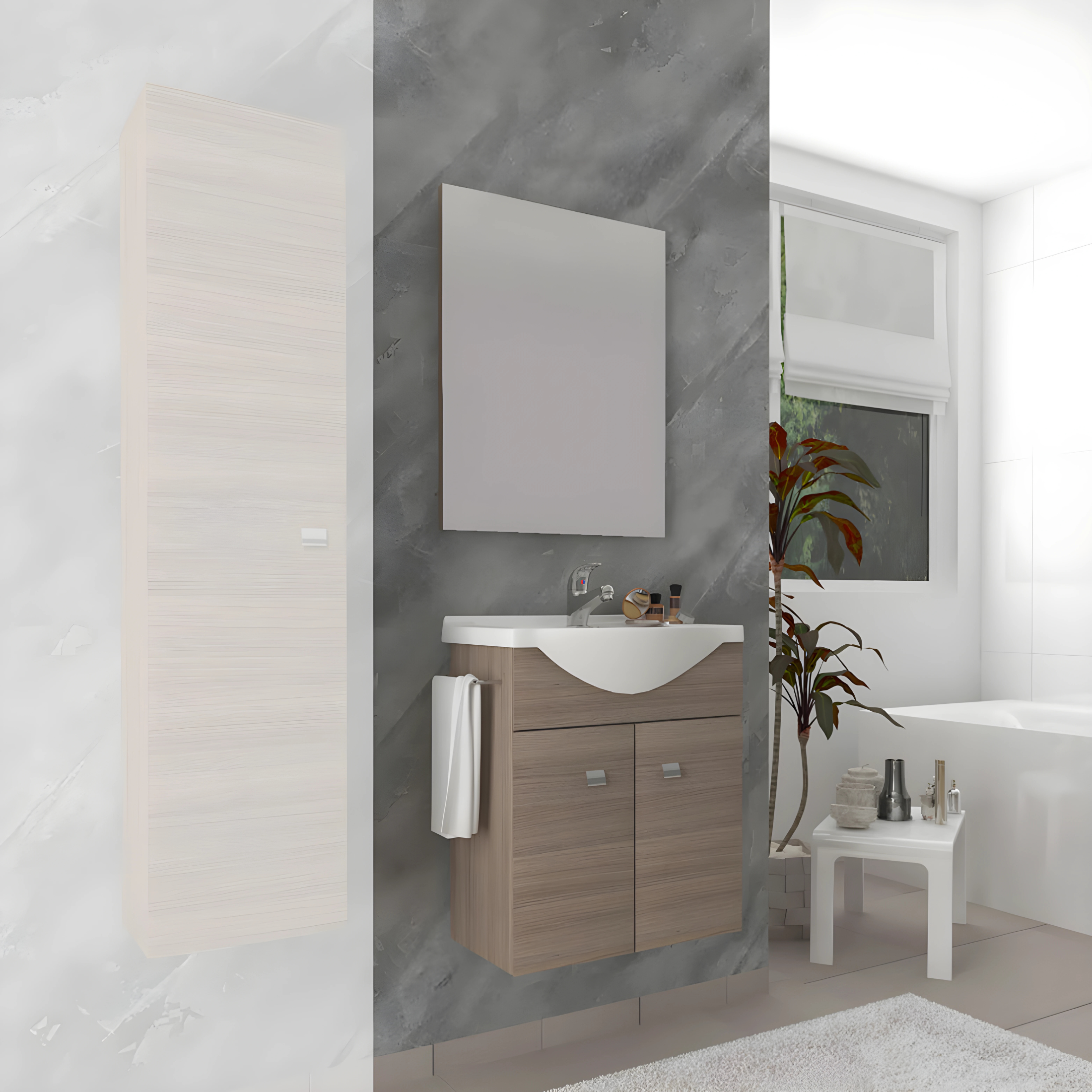 "Moa55" wall-hung bathroom cabinet with console sink and doors with chrome handles and LED mirror