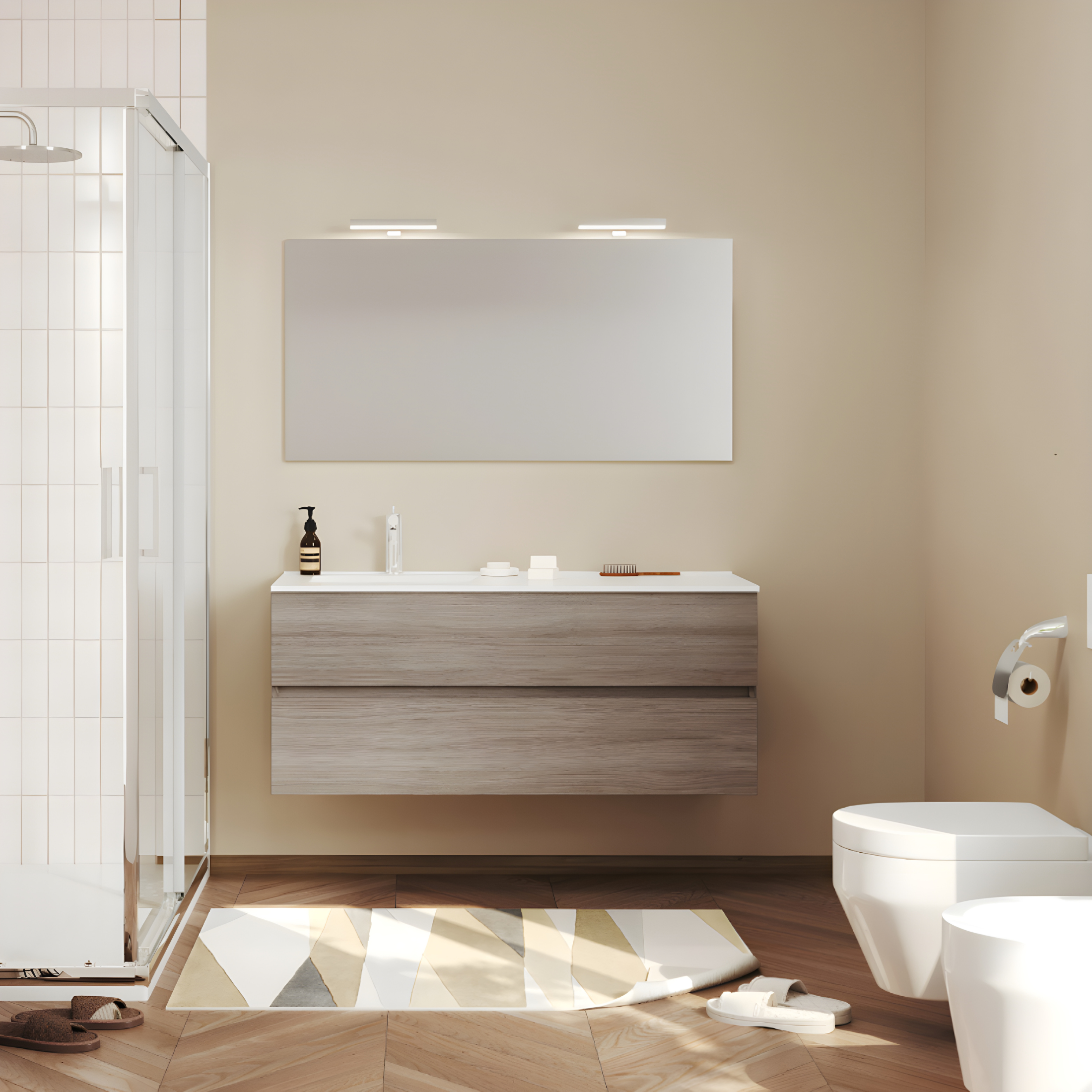 Modern wall-hung bathroom furniture "Tara" with 2 drawers, built-in sink and LED mirror