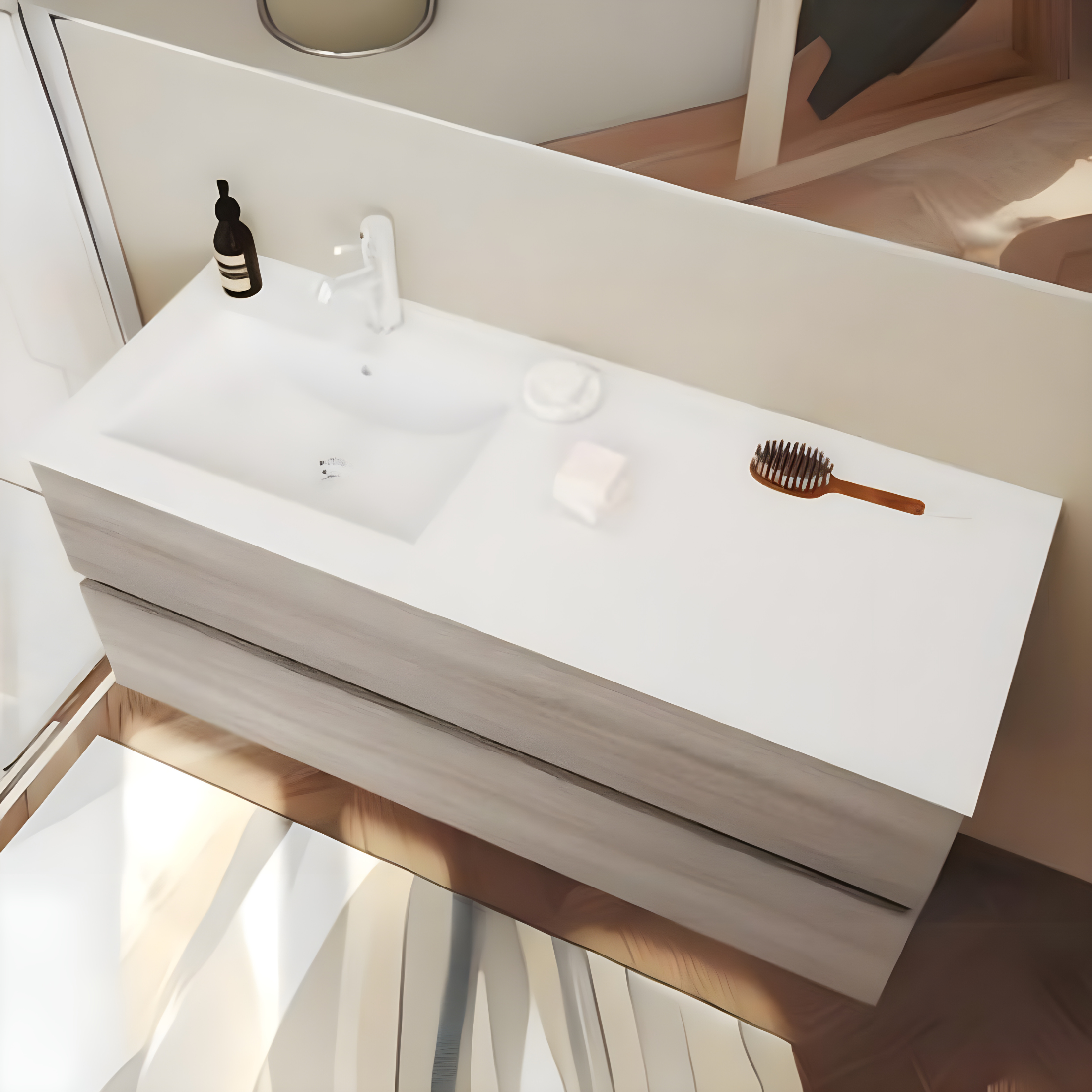 Modern wall-hung bathroom furniture "Tara" with 2 drawers, built-in sink and LED mirror
