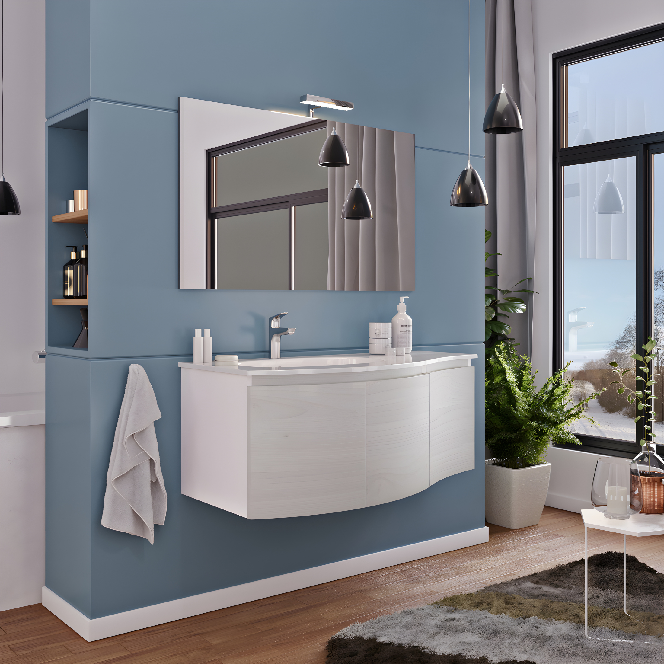 "Malani" suspended bathroom cabinet with 3 doors, LED mirror and integrated sink, 105x50 cm, 55h