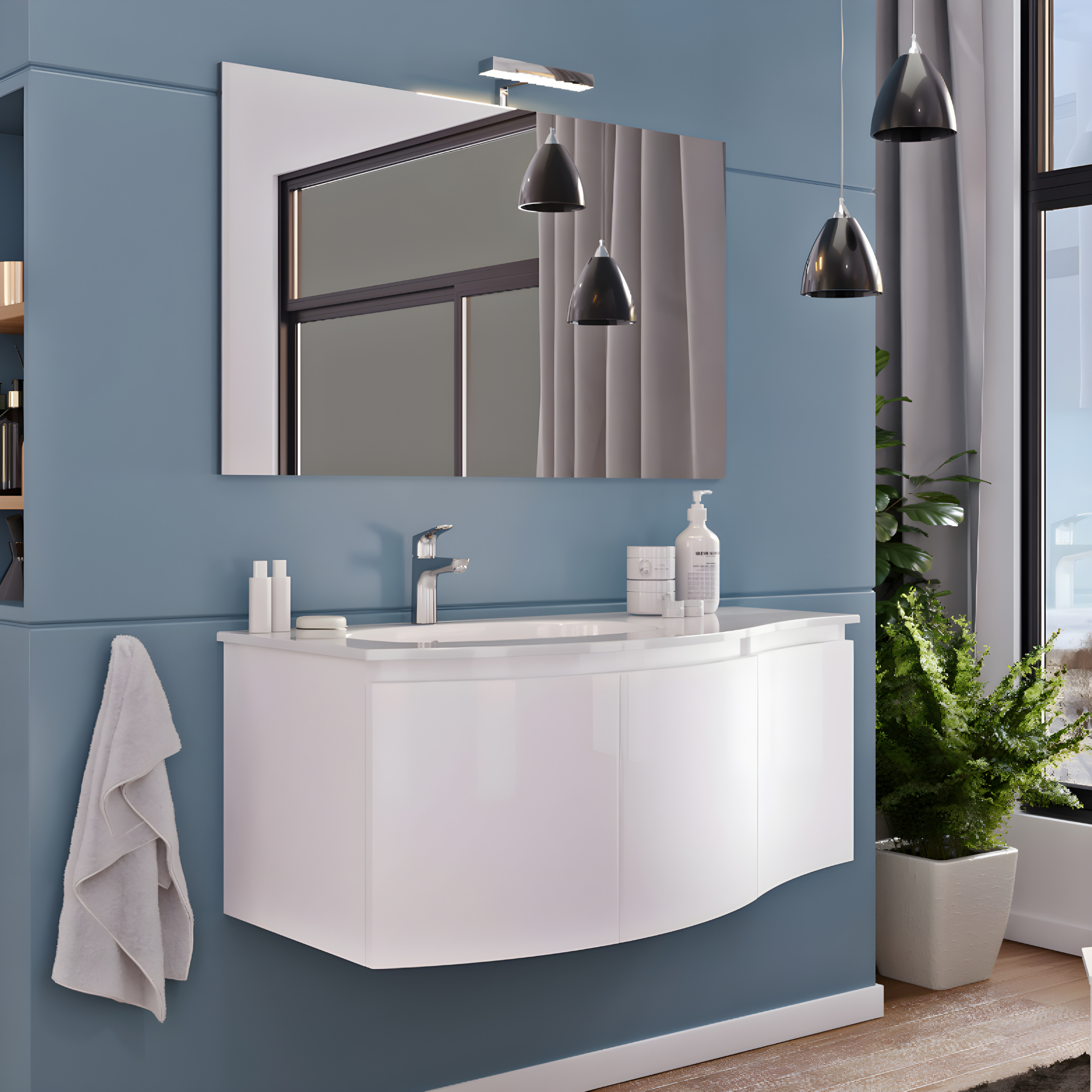 "Malani" suspended bathroom cabinet with 3 doors, LED mirror and integrated sink, 105x50 cm, 55h