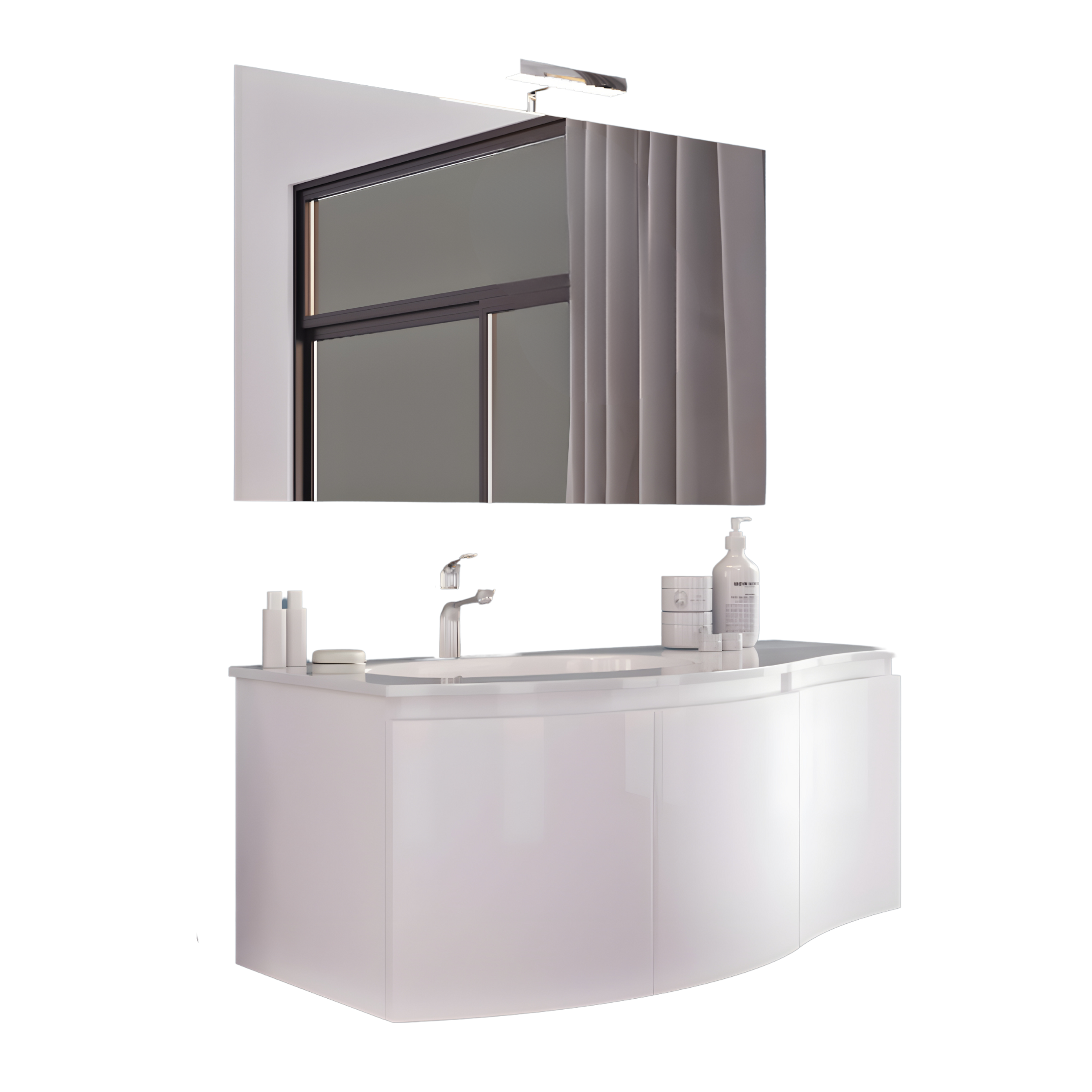 "Malani" suspended bathroom cabinet with 3 doors, LED mirror and integrated sink, 105x50 cm, 55h