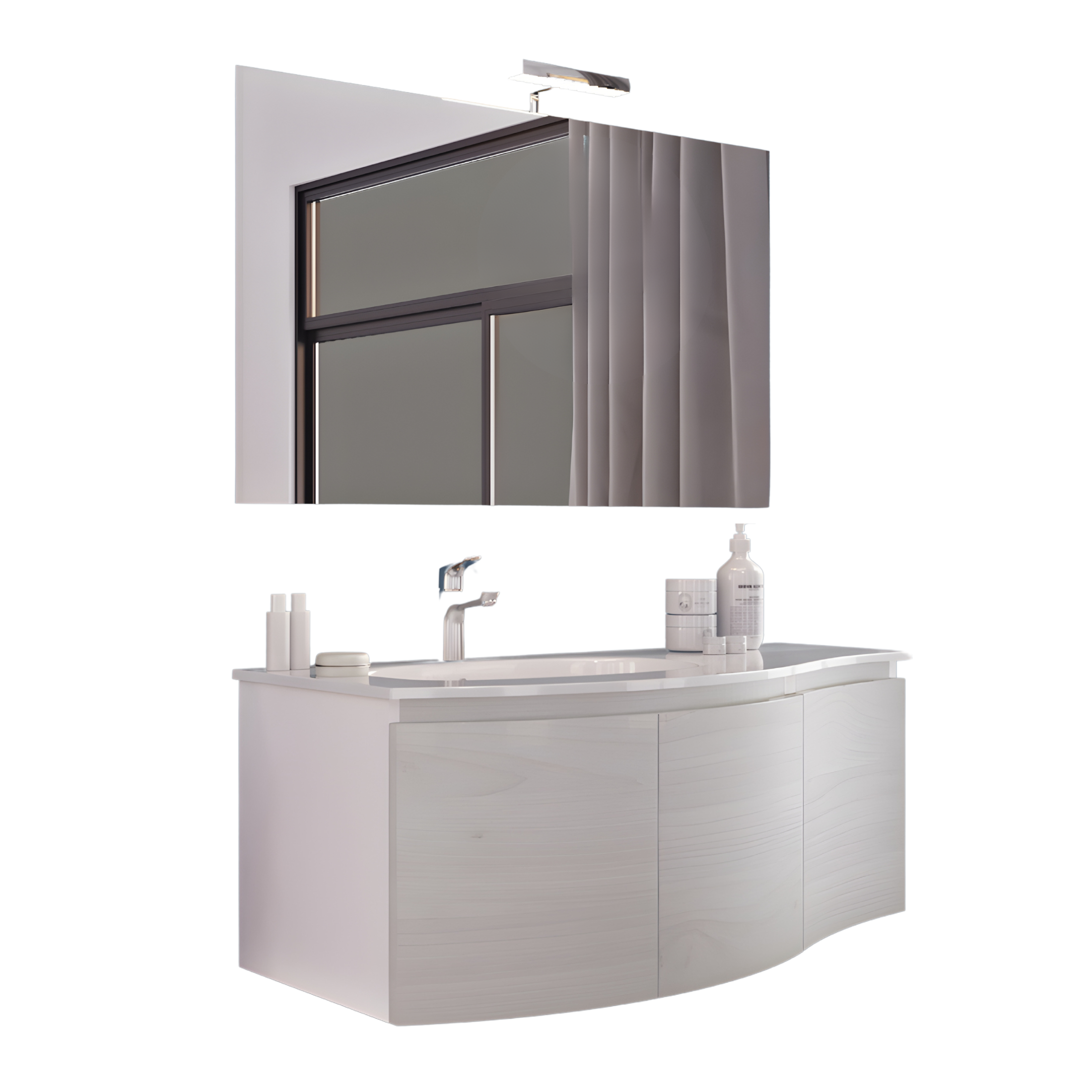 "Malani" suspended bathroom cabinet with 3 doors, LED mirror and integrated sink, 105x50 cm, 55h