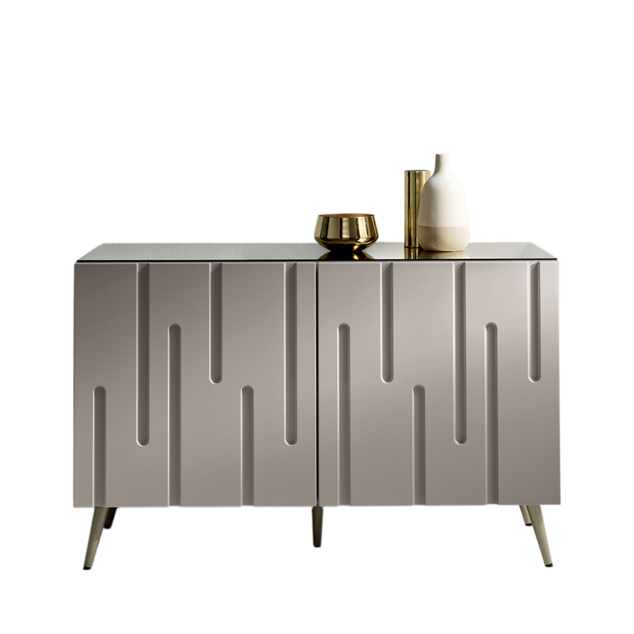 Dove grey "Lira" sideboard with lacquered MDF doors and chipboard body with bronze top and 5 feet