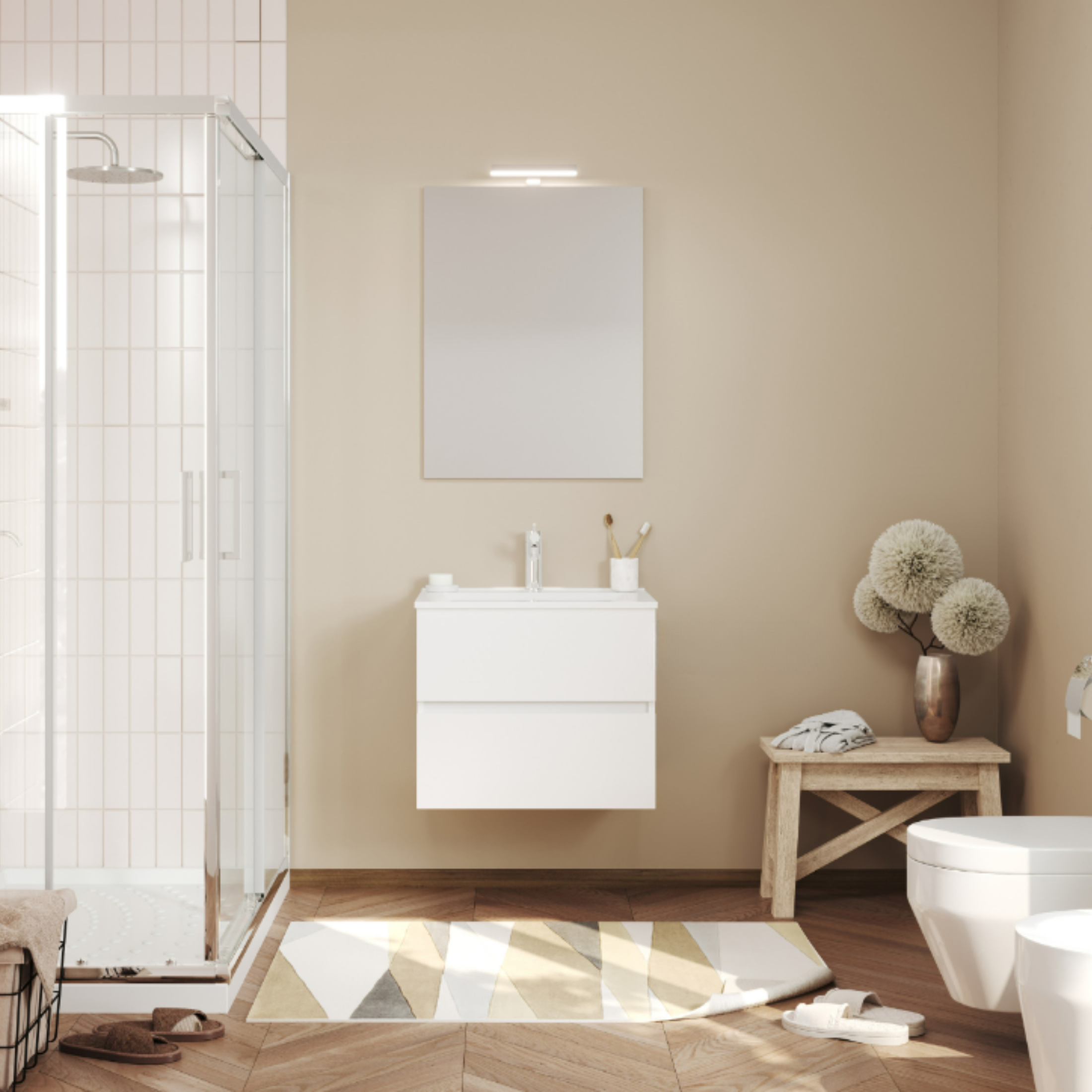 Modern wall-hung bathroom furniture "Tara" with 2 drawers, built-in sink and LED mirror