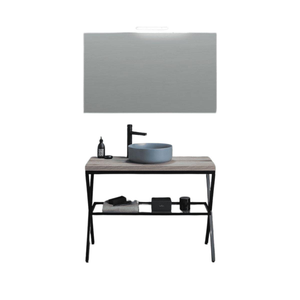 Mobile bagno a terra rovere fossile "Medellín" 100 cm con lavabo grigio rotondo in ceramica e specchio rettangolare - MondoViro