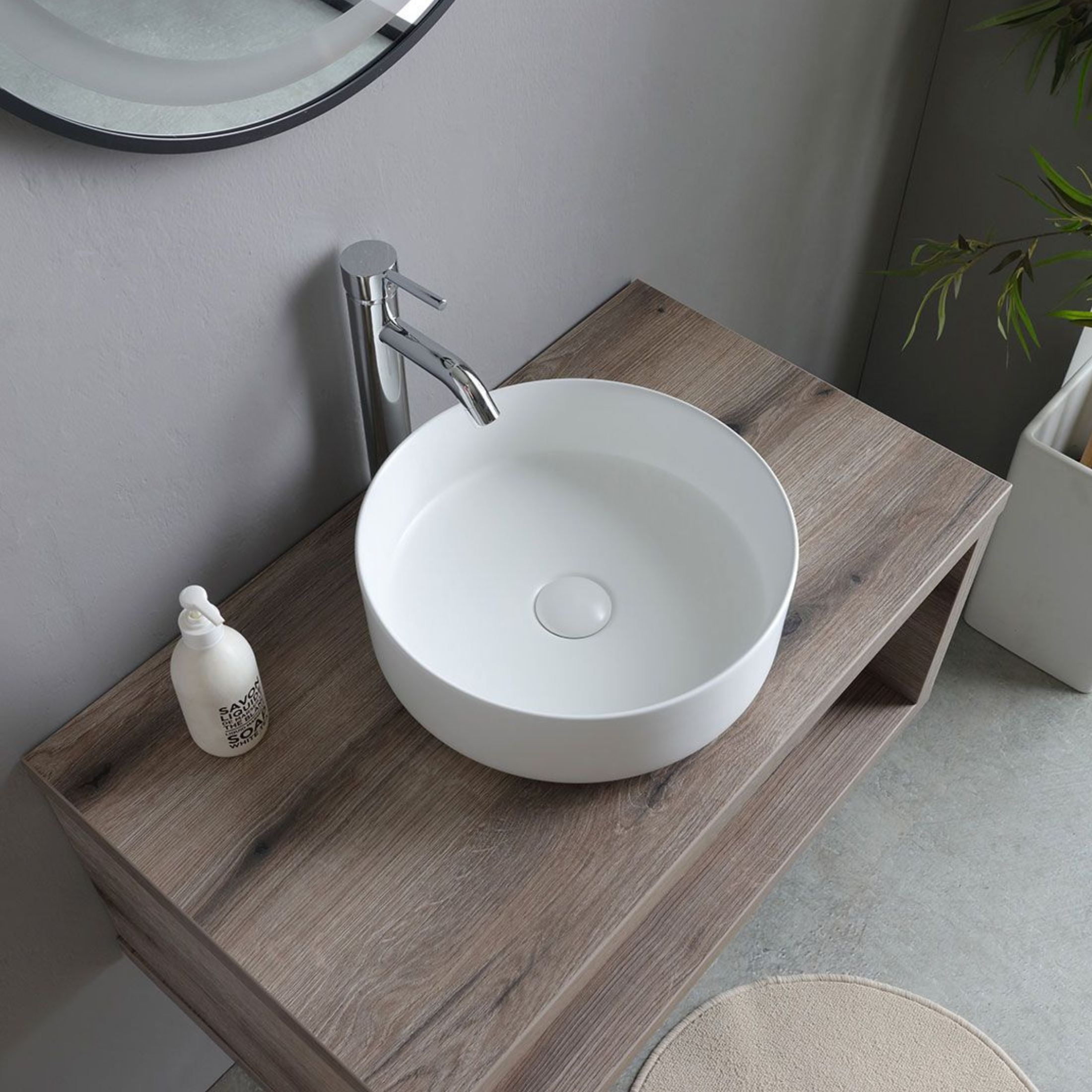 "Paros" 80cm wall-hung bathroom cabinet in fossil oak with round white sink and mirror