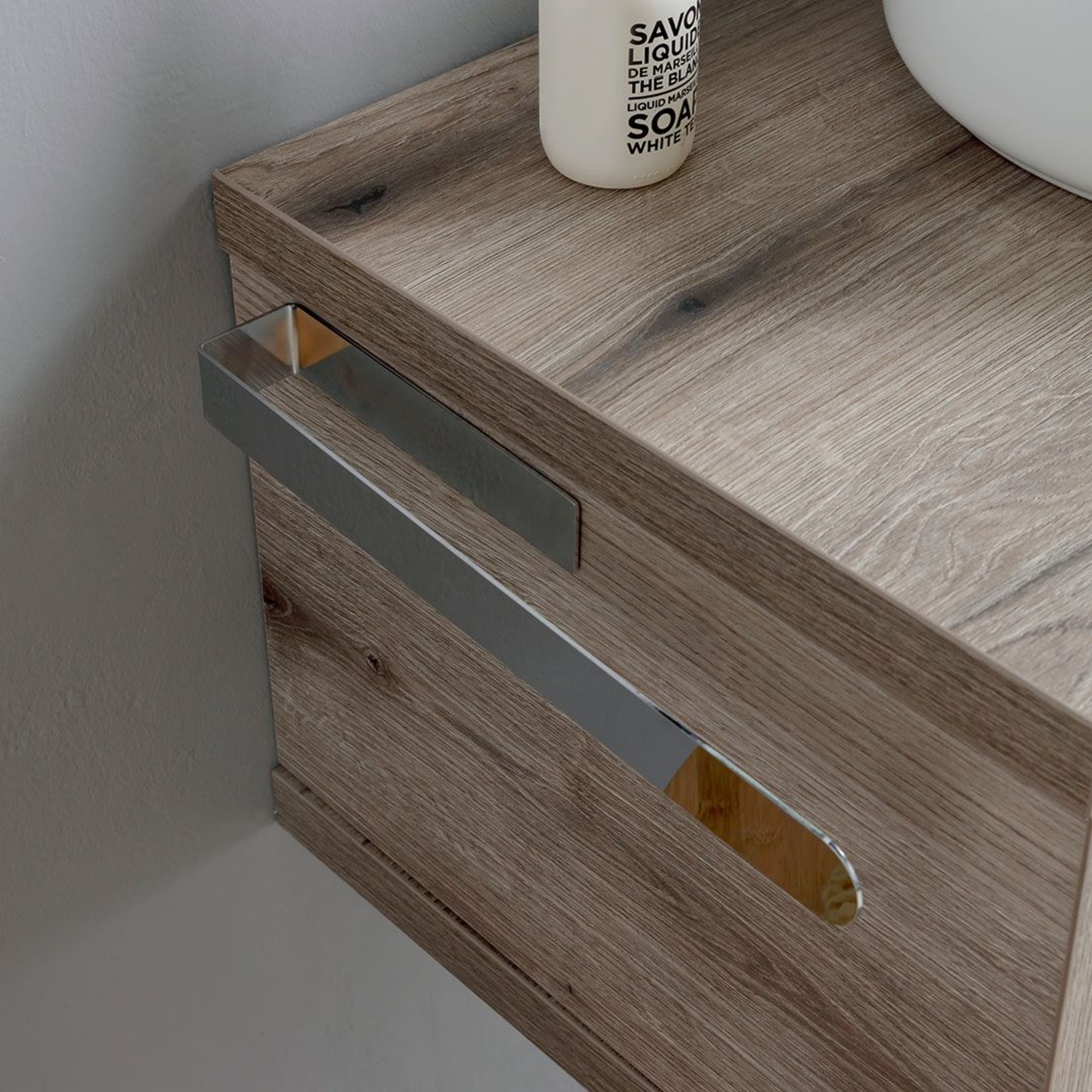 "Paros" 80cm wall-hung bathroom cabinet in fossil oak with round white sink and mirror