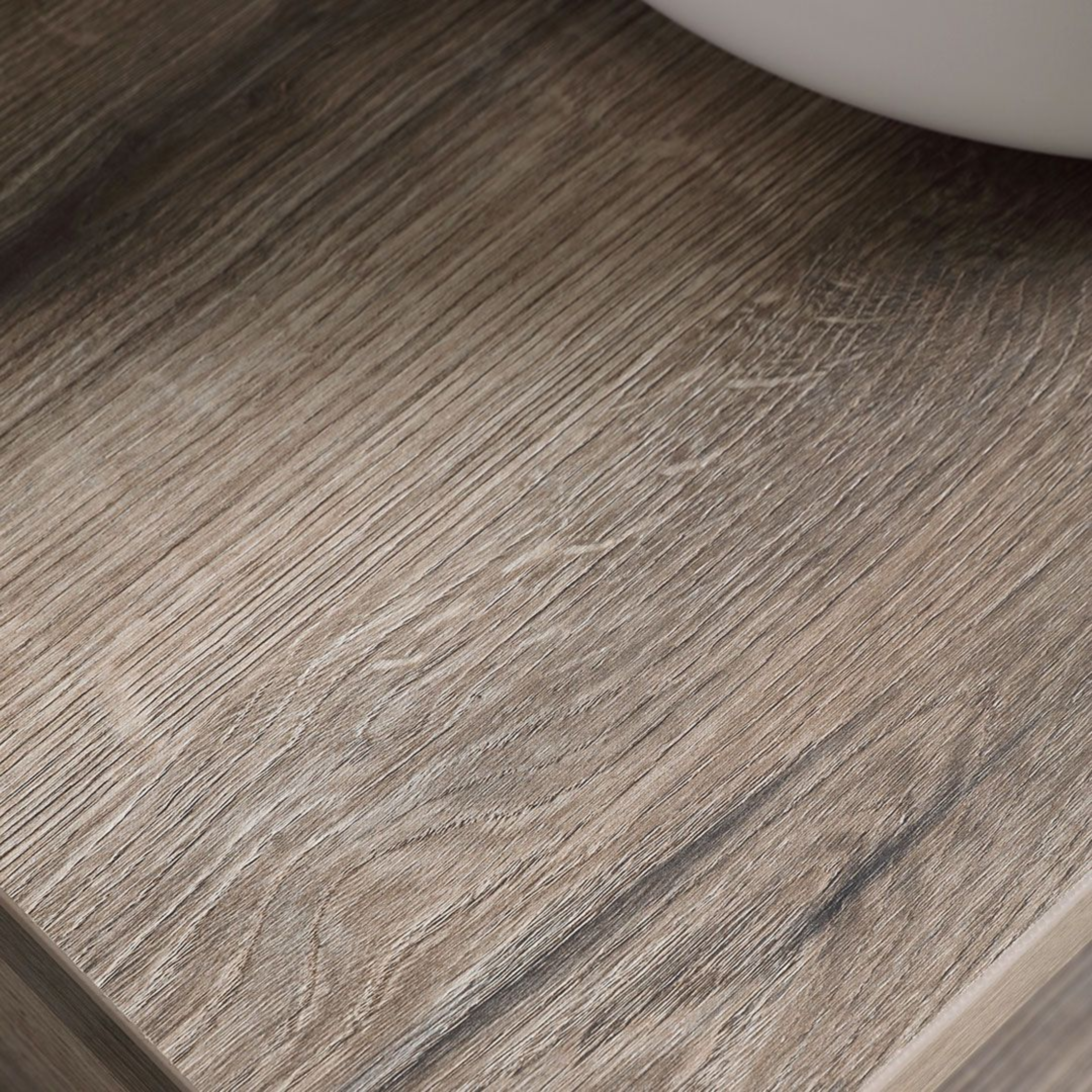 "Paros" 80cm wall-hung bathroom cabinet in fossil oak with round white sink and mirror