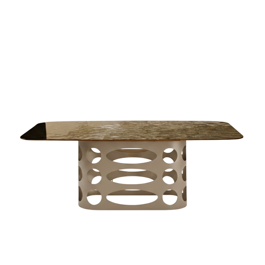 Fixed modern "Clover" table with back-silvered hammered glass top, 210x110 cm, 75 cm high