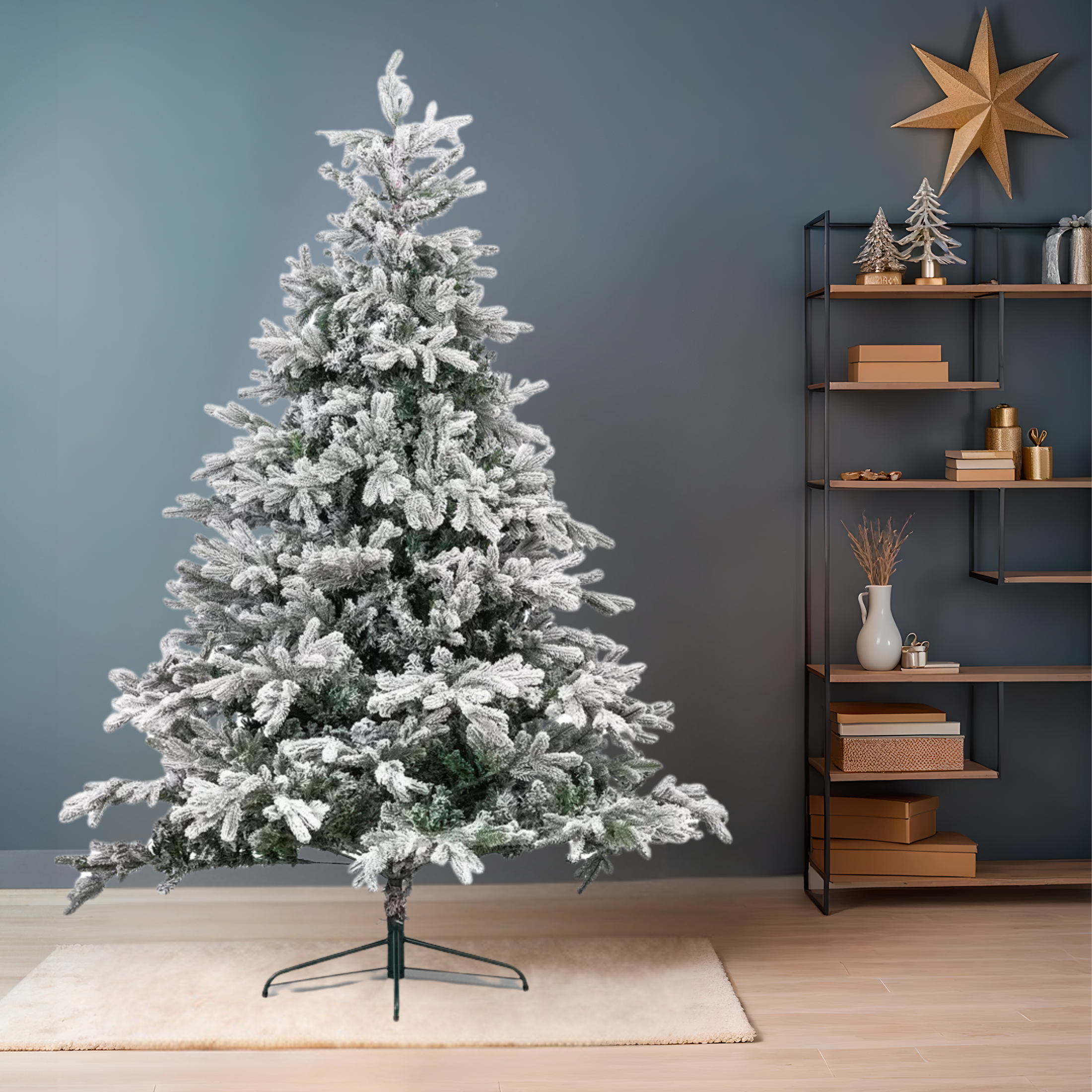 Snow-covered "Feather" Christmas tree in PE with Real Touch + Flock effect of the highest quality