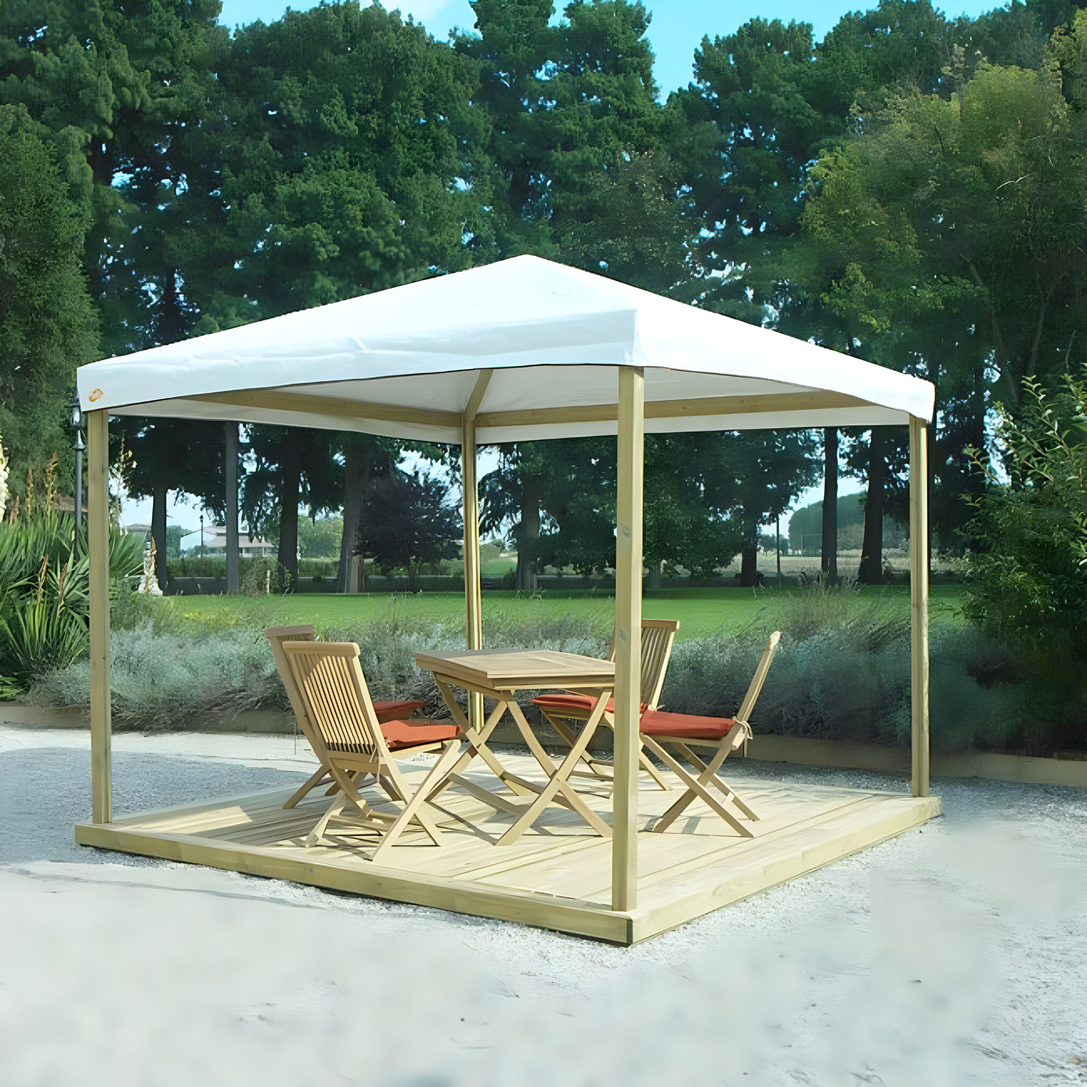 "Pocket" gazebo in fir wood and white PVC covering, 300x300 cm, 260 cm high.