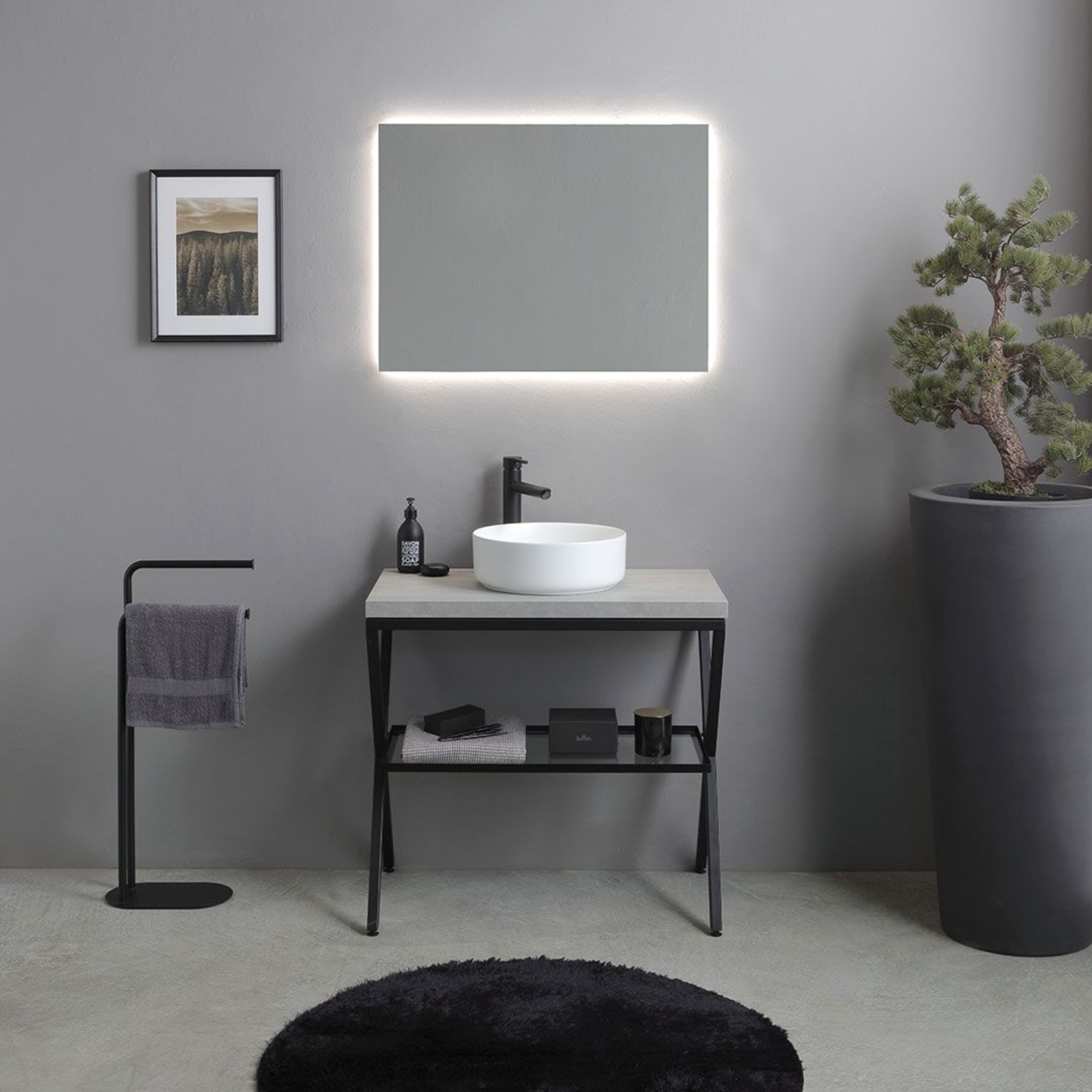 Concrete-colored "PowerUp" bathroom cabinet, 80 cm, with metal stand and round ceramic sink