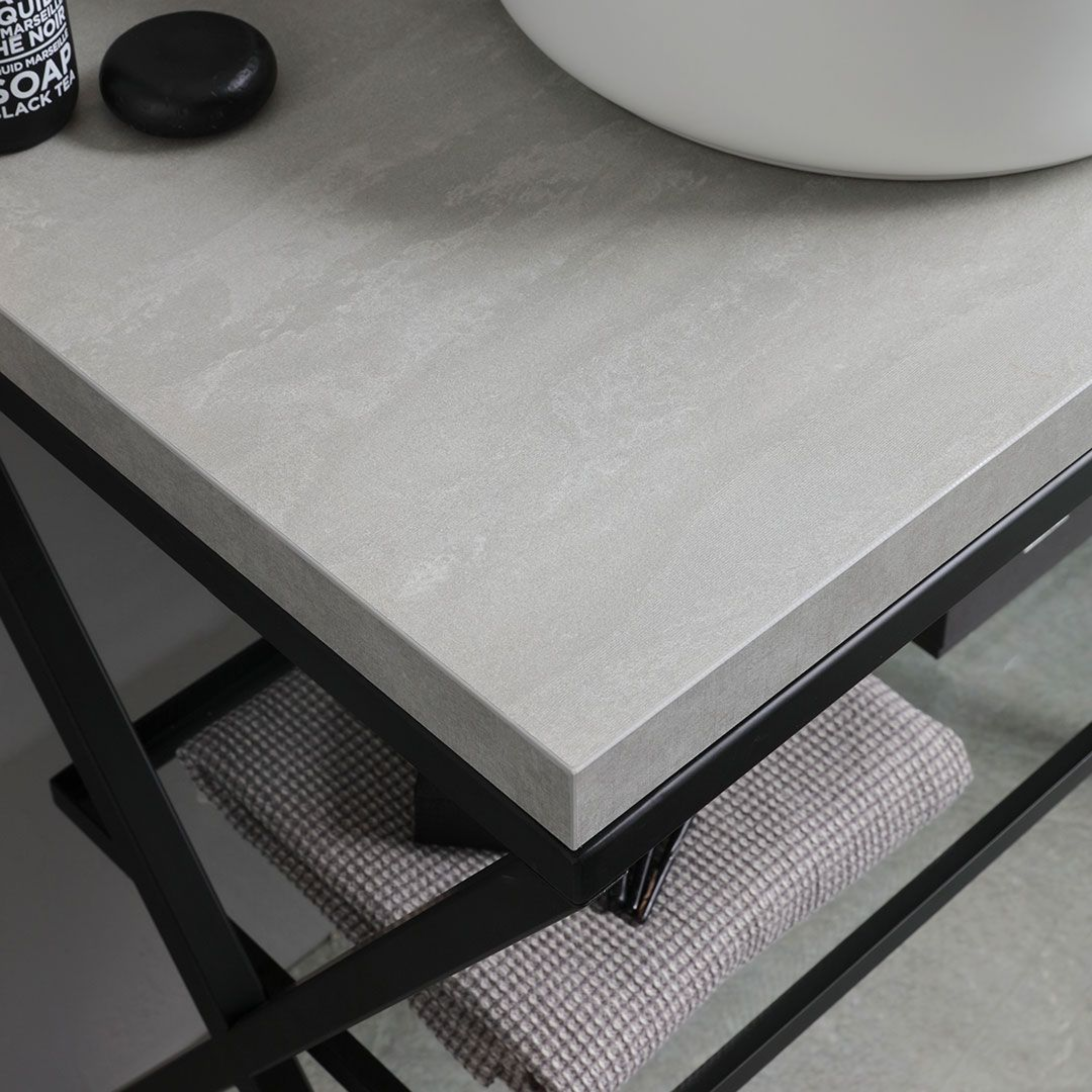 Concrete-colored "PowerUp" bathroom cabinet, 80 cm, with metal stand and round ceramic sink