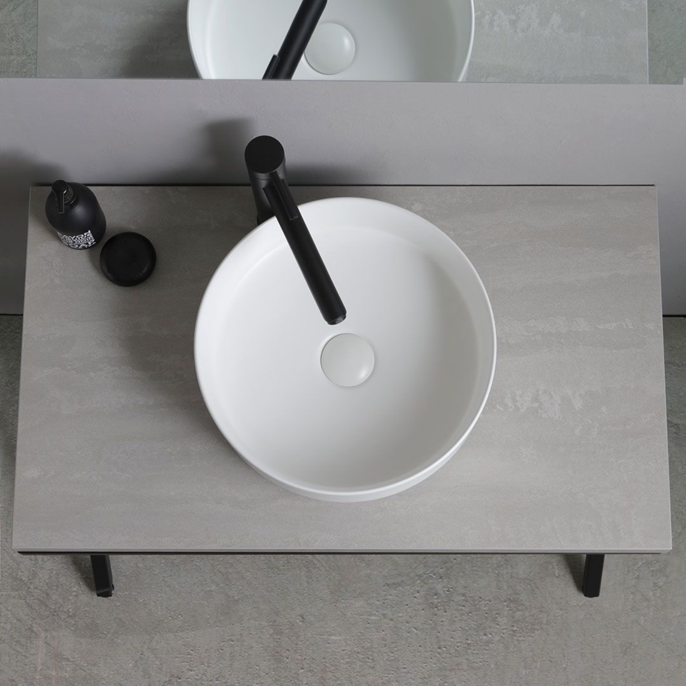 Concrete-colored "PowerUp" bathroom cabinet, 80 cm, with metal stand and round ceramic sink