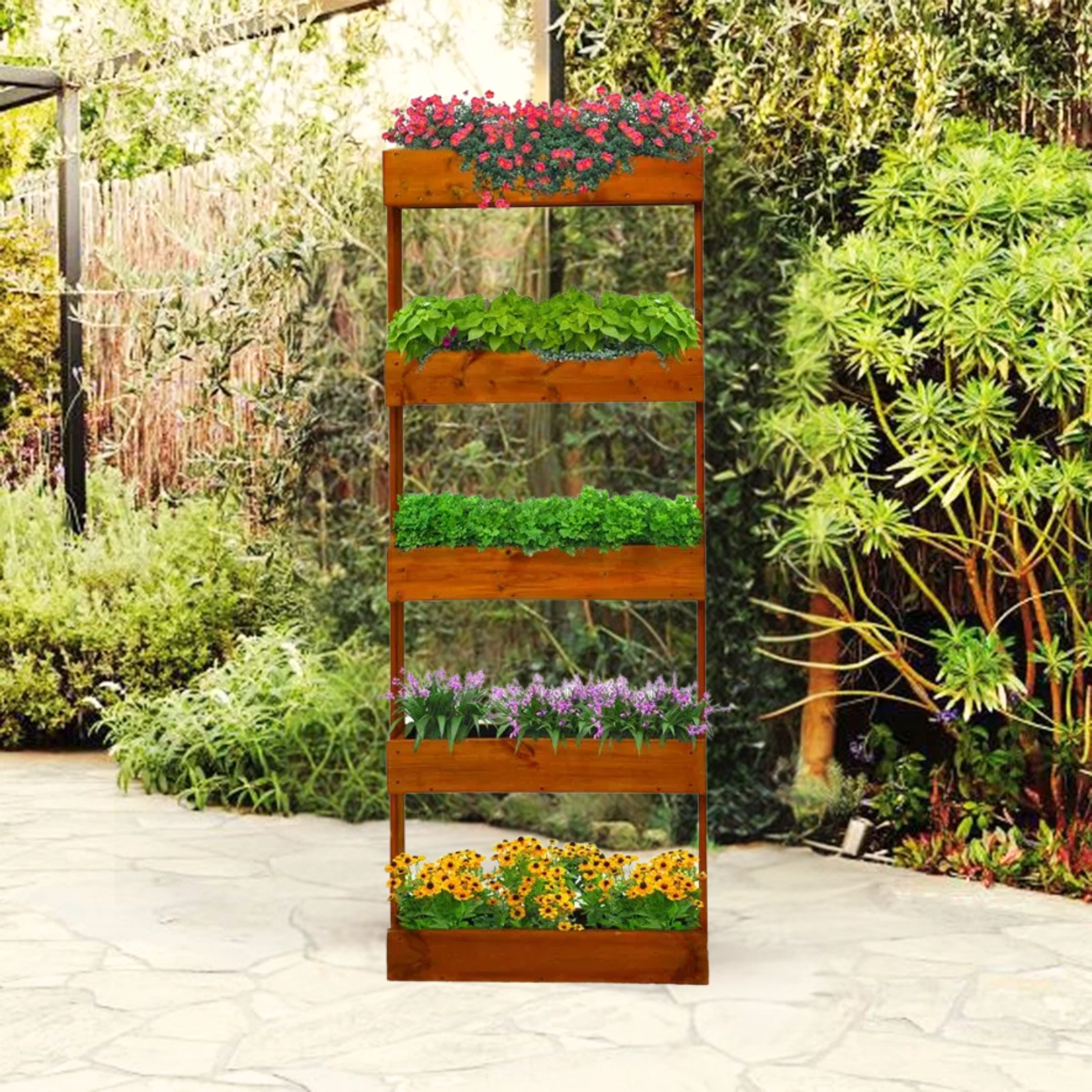 "Prato" sloping pine wood planter for garden or balcony, chestnut color