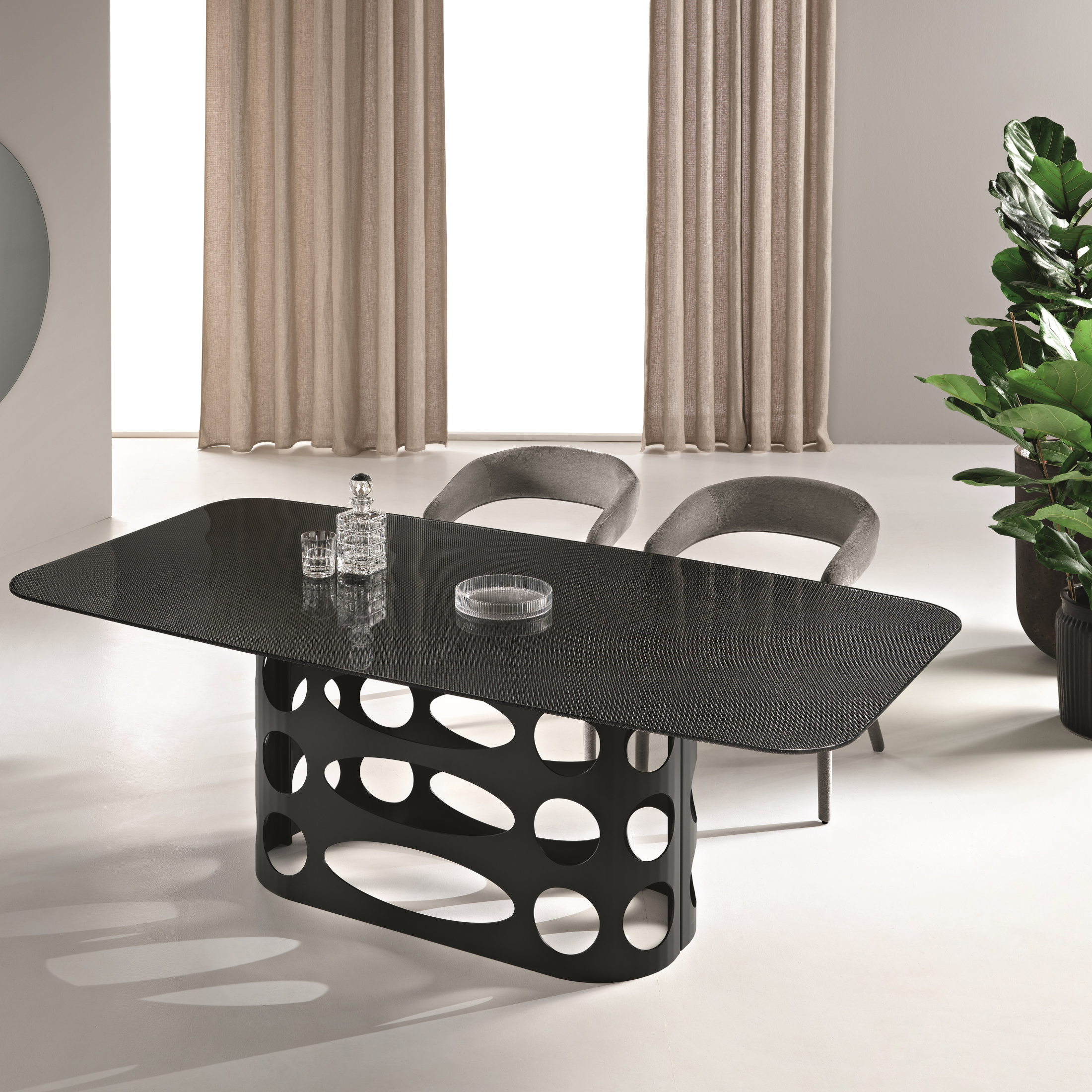 Fixed modern table "Clover" with wired glass top and painted metal base, 210x110 cm, 75 cm high.