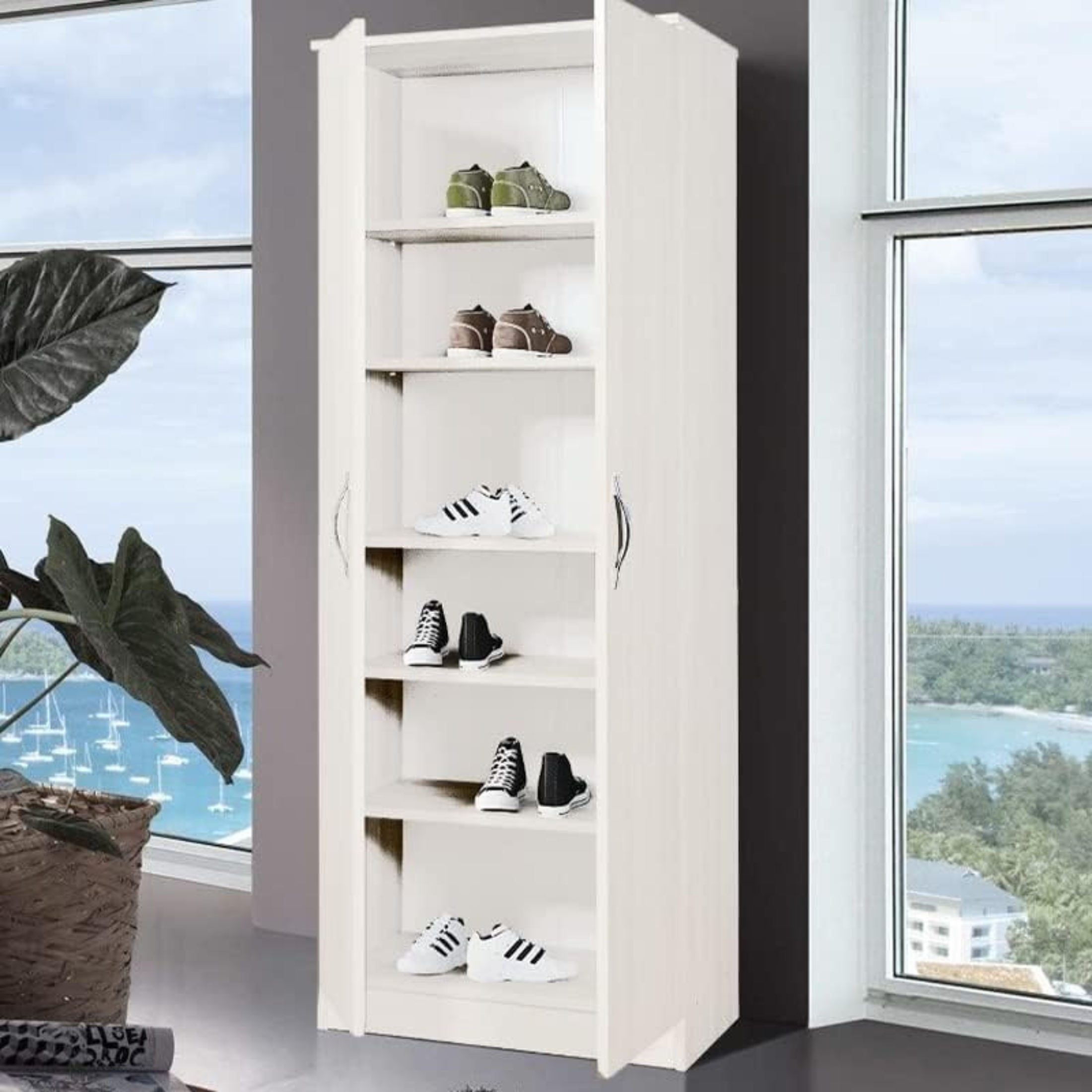 "Union" tall white wooden shoe cabinet with 2 doors and 5 shelves, 71x38 cm, 182 cm high