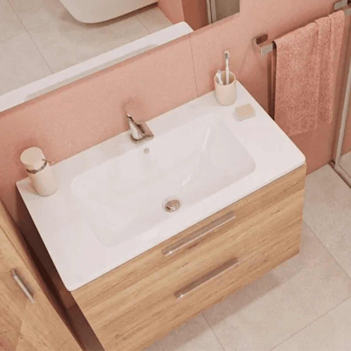 Mobile da bagno sospeso "Vitrax" in legno con 2 cassetti lavabo specchio e lampada - MondoViro