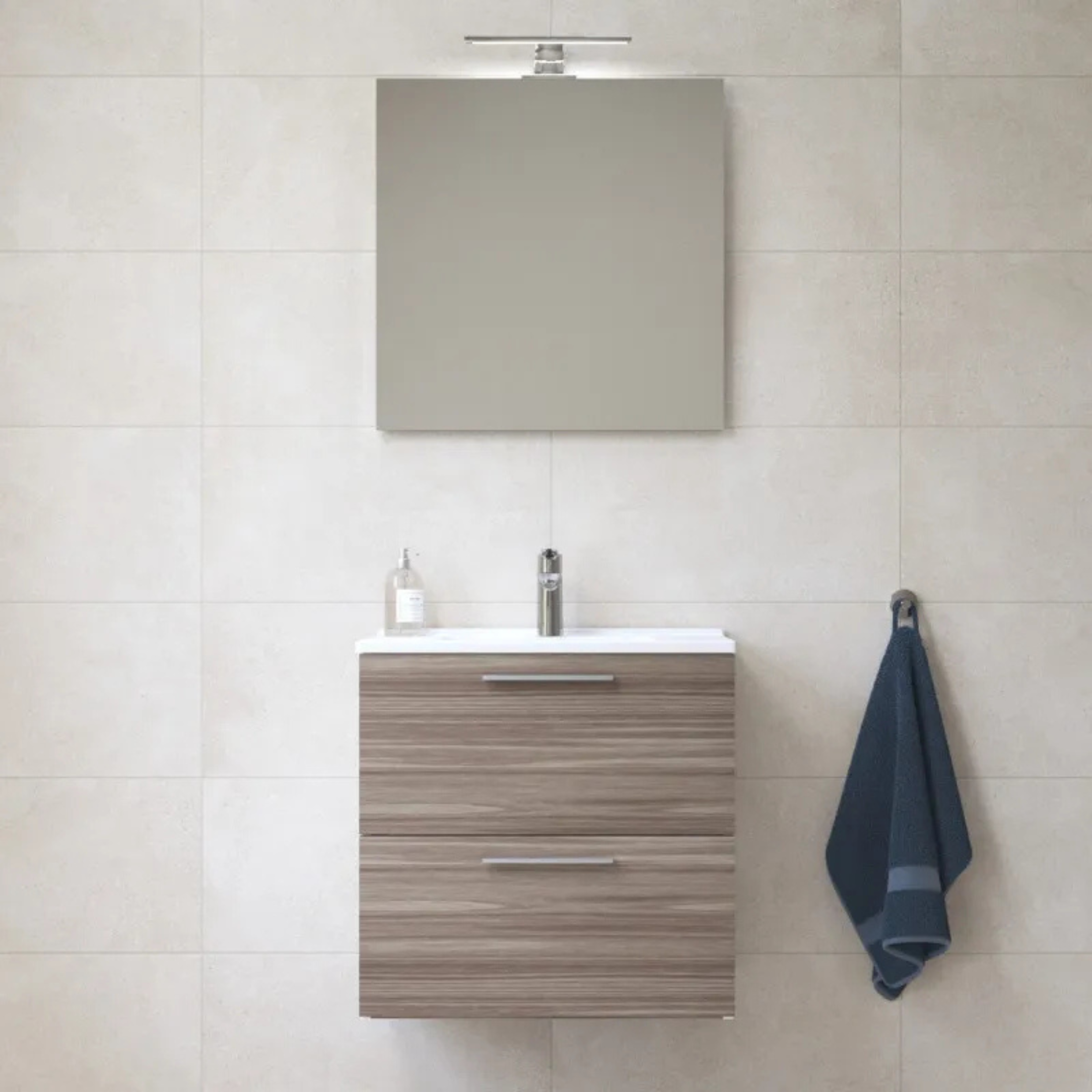"Vitrax" wall-hung wooden bathroom cabinet with 2 drawers, sink, mirror and lamp