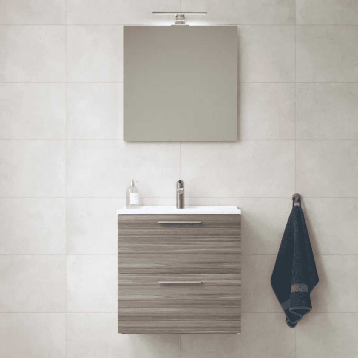 Mobile da bagno sospeso "Vitrax" in legno con 2 cassetti lavabo specchio e lampada - MondoViro