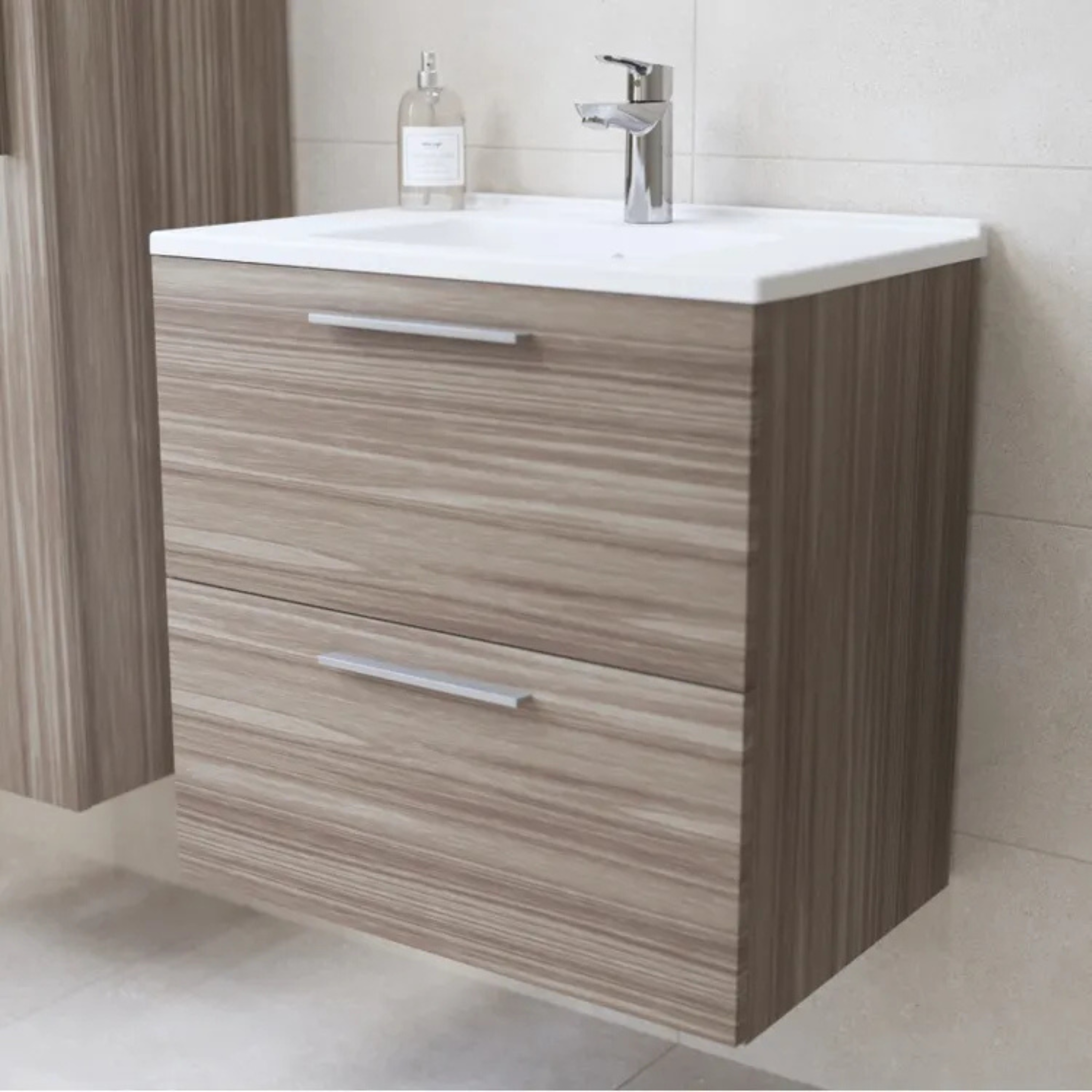 "Vitrax" wall-hung wooden bathroom cabinet with 2 drawers, sink, mirror and lamp