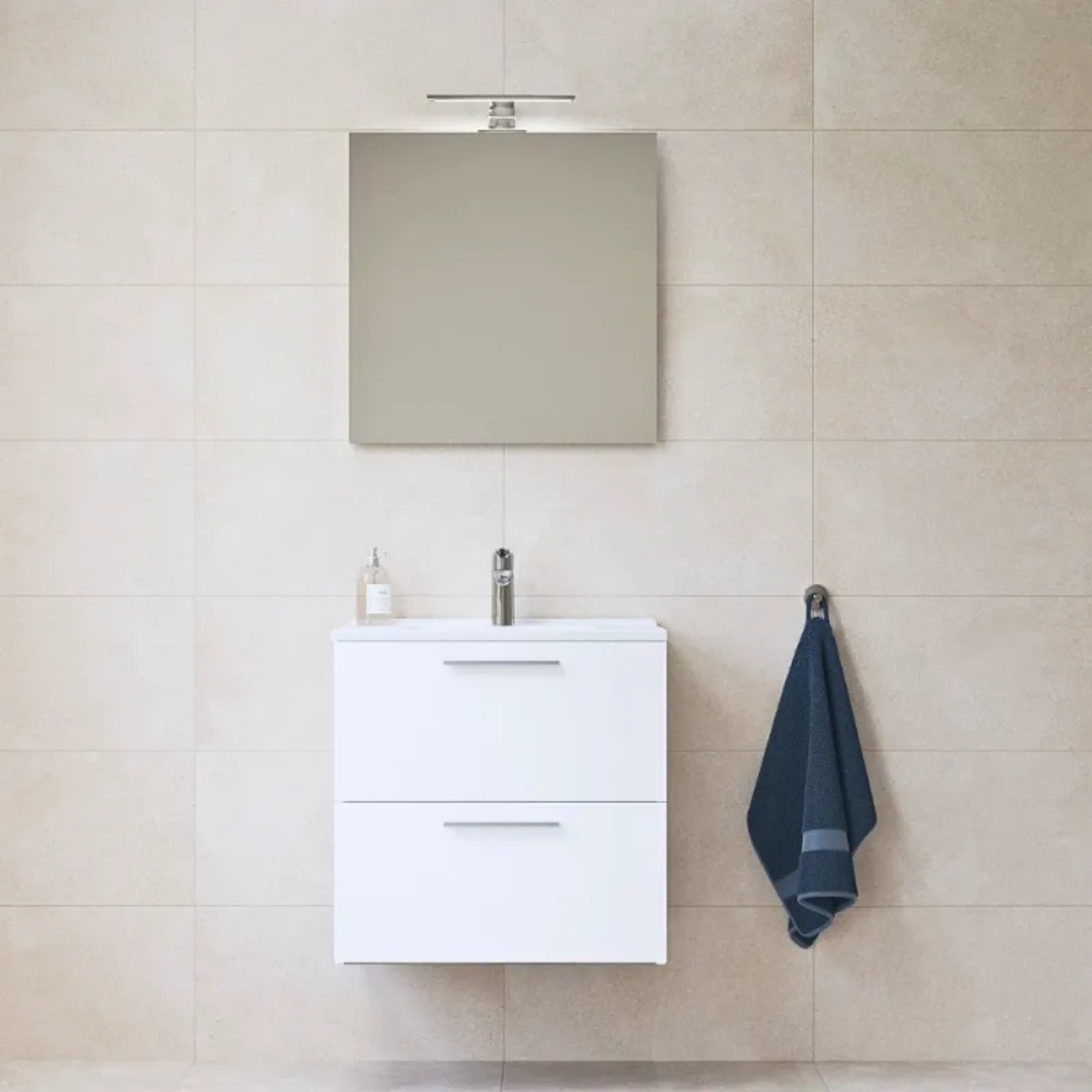 "Vitrax" wall-hung wooden bathroom cabinet with 2 drawers, sink, mirror and lamp