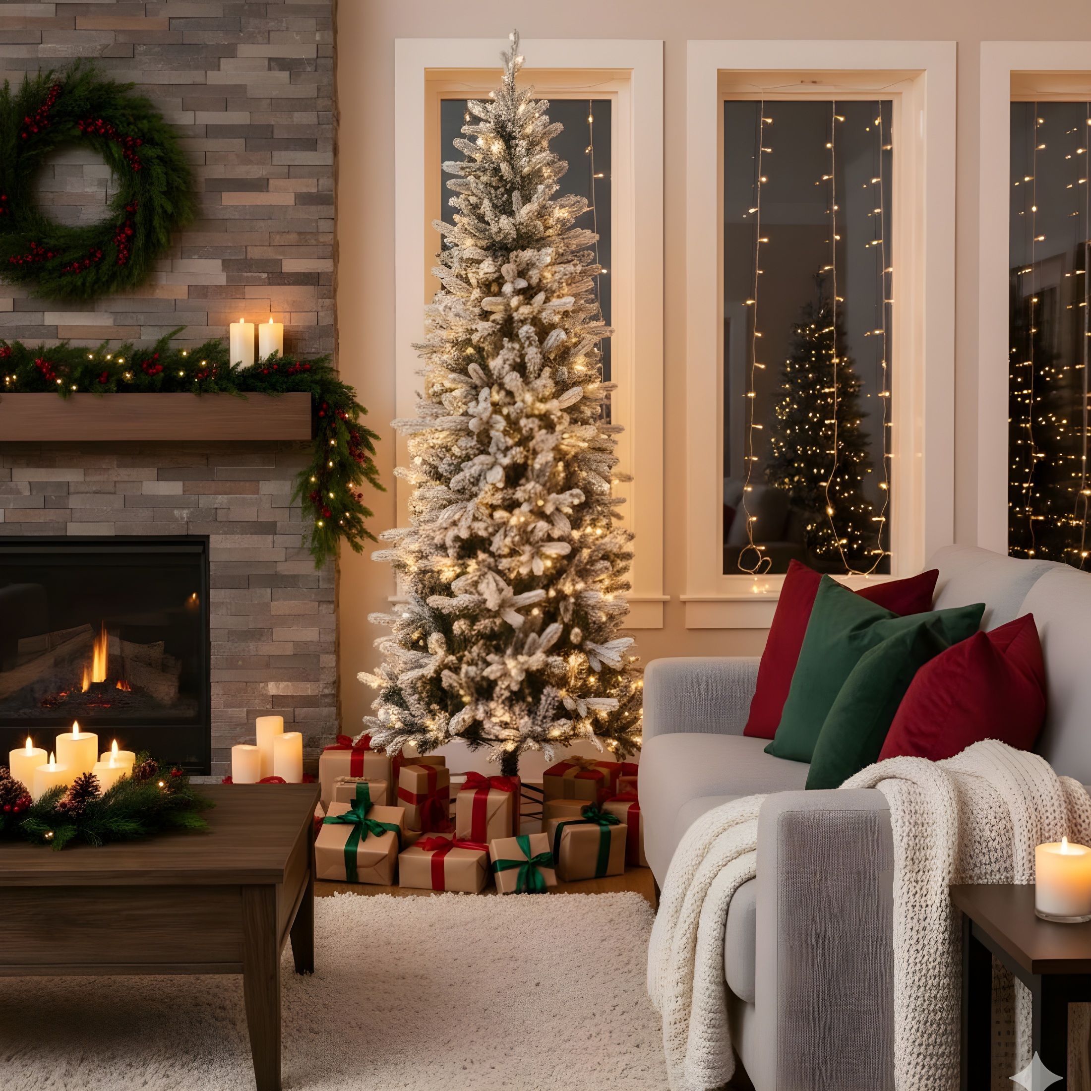 Slim snow-covered "Snowflake" Christmas tree in PE with real touch effect + PVC + flock