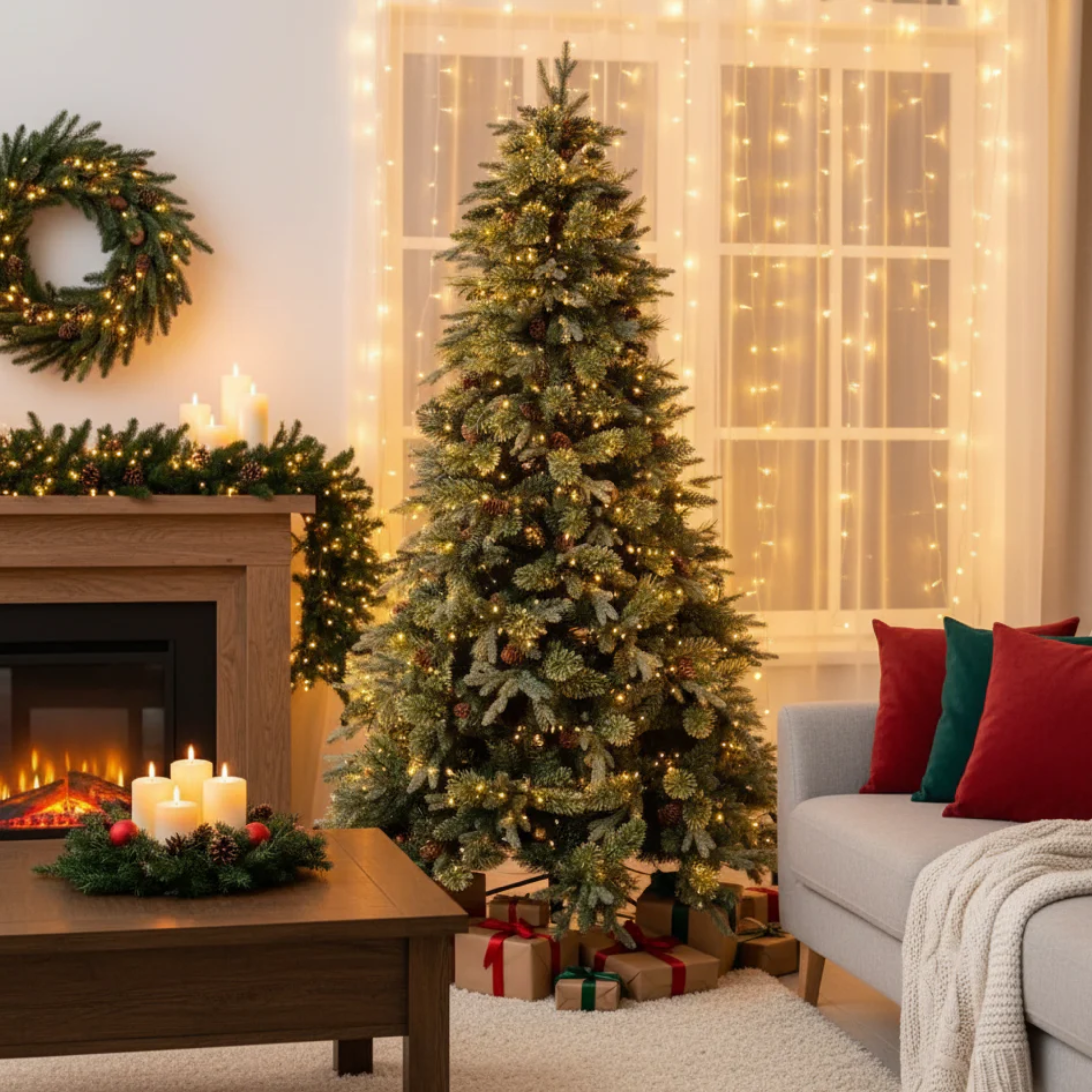 "Candle" Christmas tree in PE with a real touch effect and PP with a pine needle and pine cone effect.