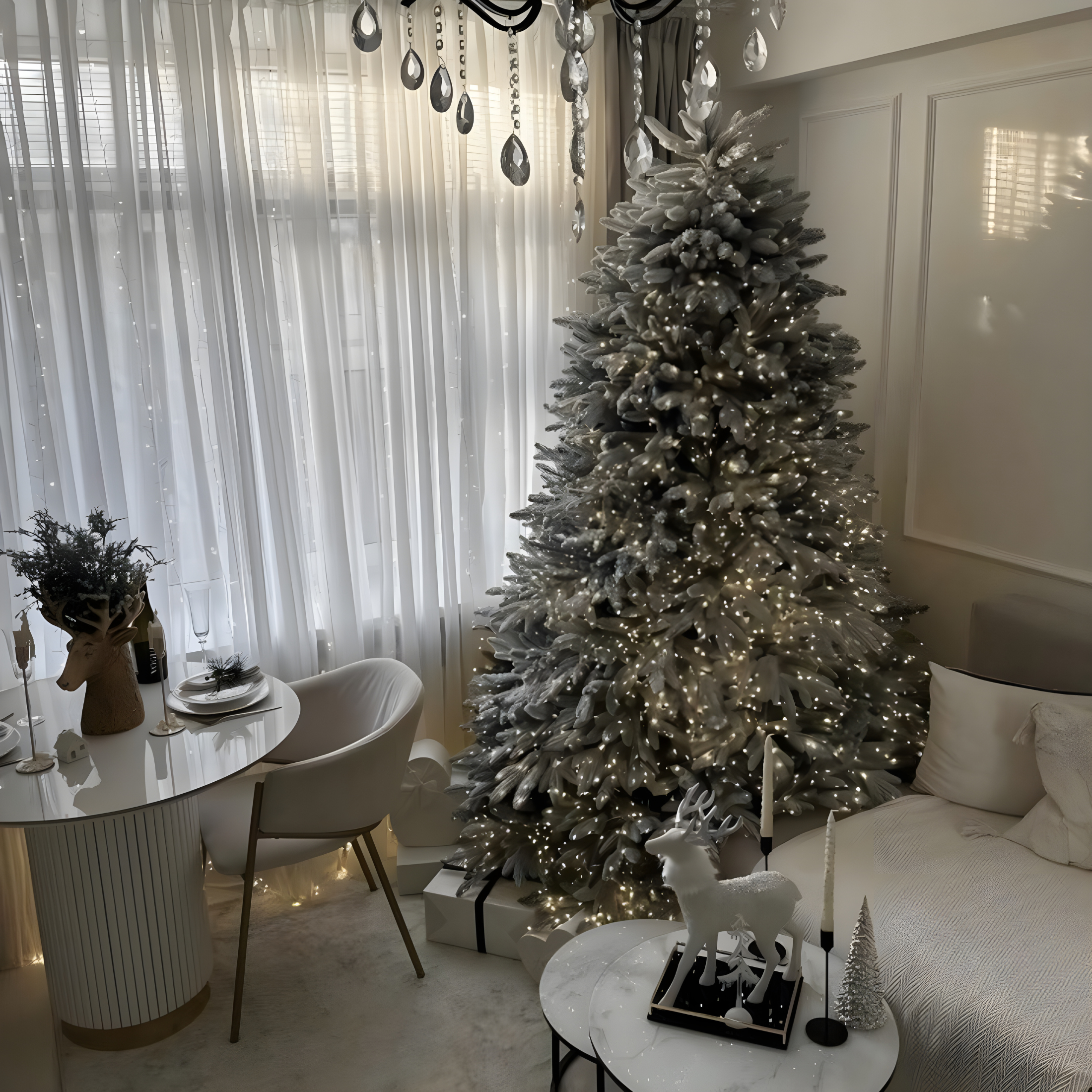 Slim modern snow-covered "Comet" Christmas tree in PE with Real Touch + Flock effect
