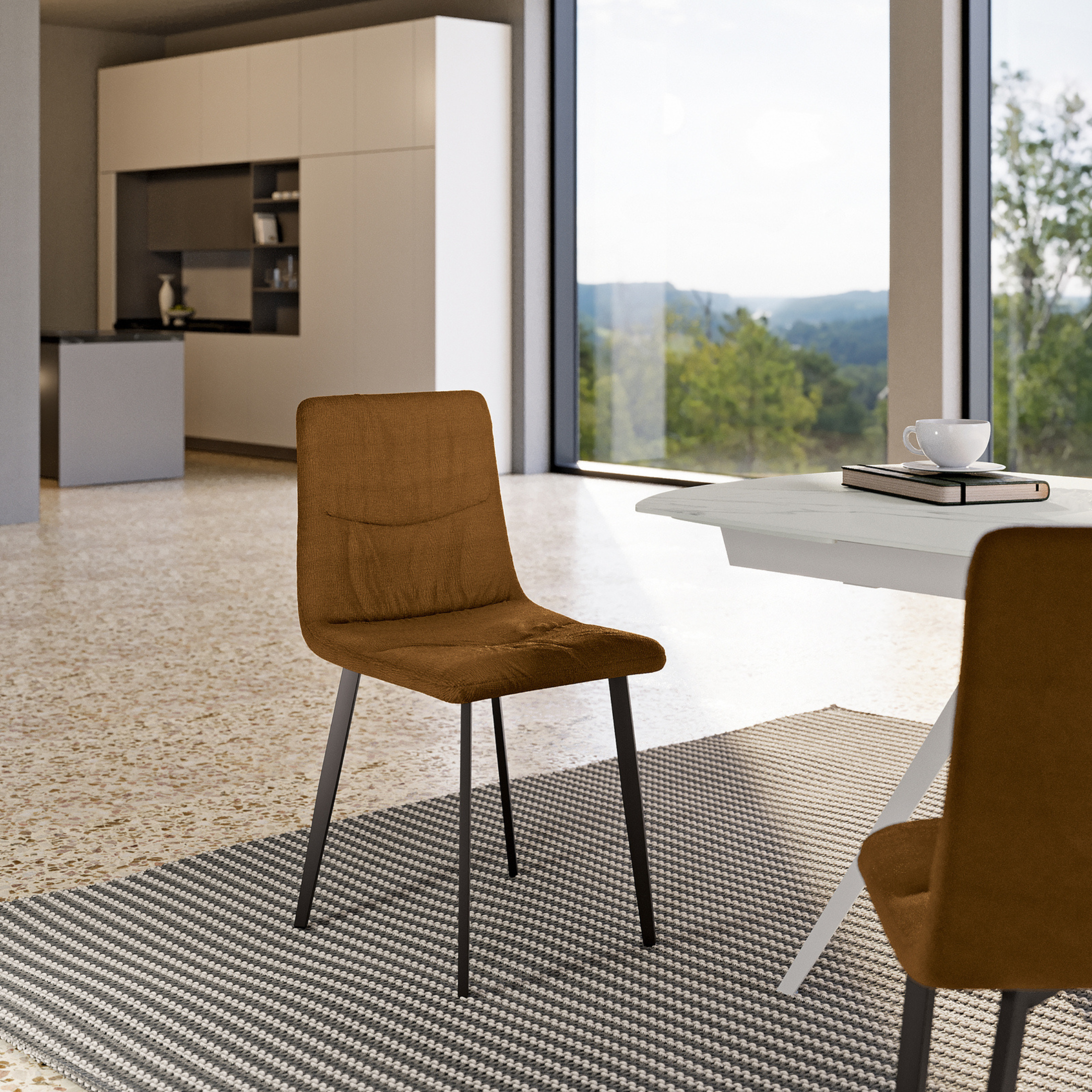 Set 4 sedie in tessuto easy-clean "Carlotta" con struttura in metallo verniciato nero